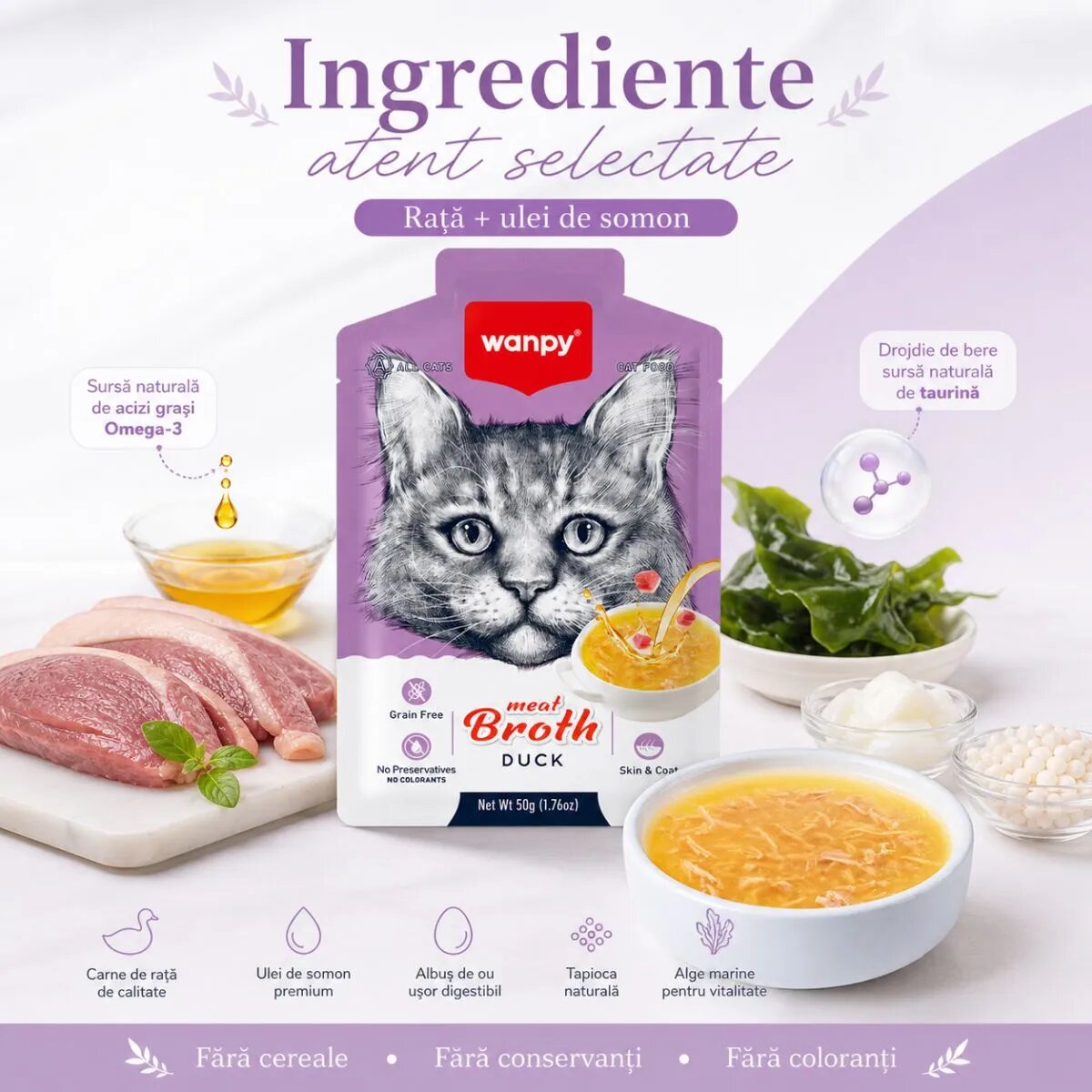 WANPY Meat Broth Rață plic hrană umedă pisici (supă) 50g