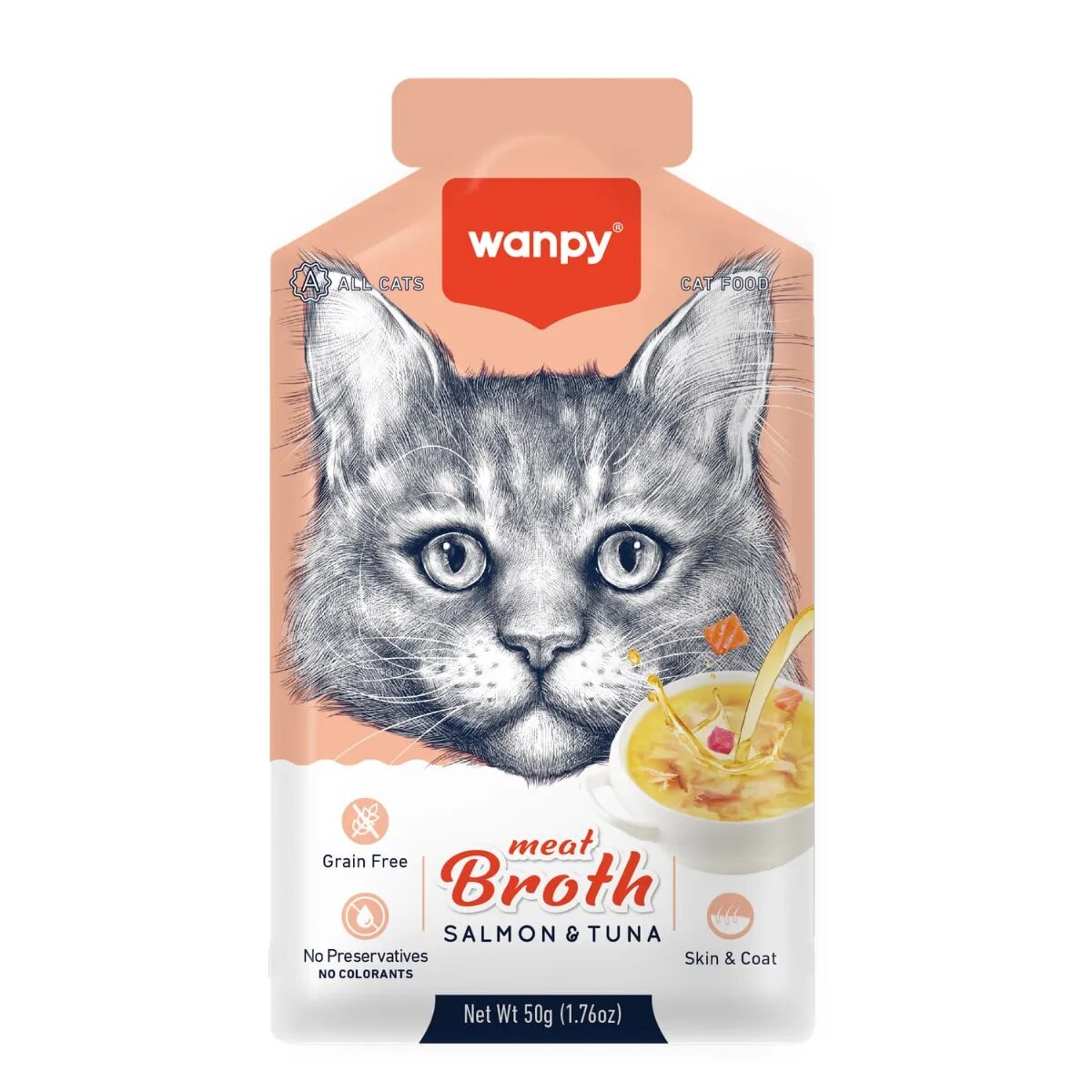 WANPY Meat Broth Somon și Ton plic hrană umedă pisici (supă) 50g