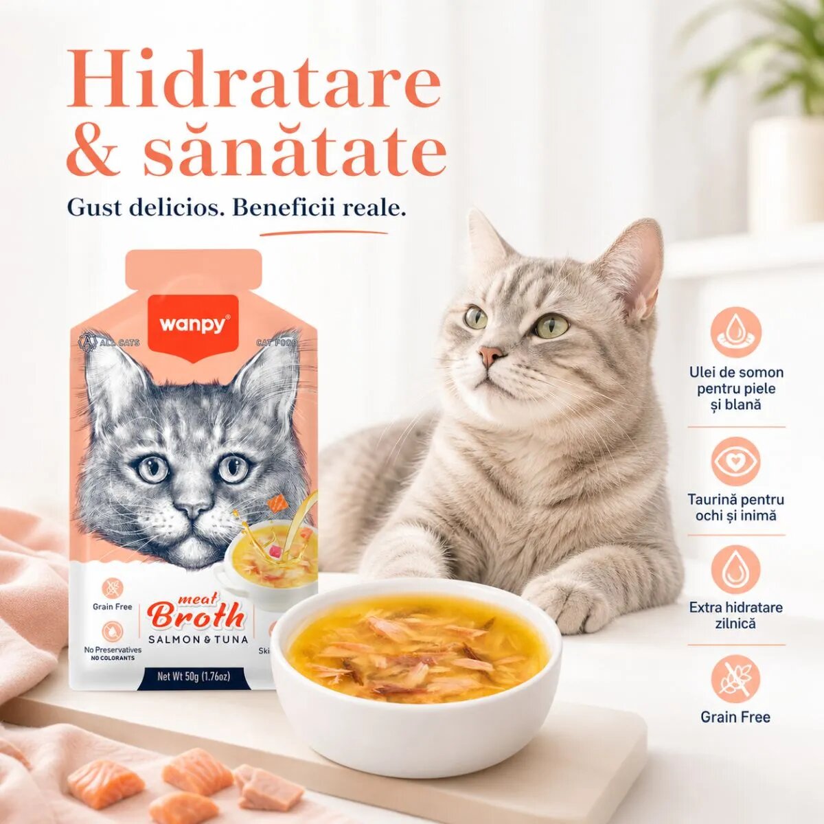 WANPY Meat Broth Somon și Ton plic hrană umedă pisici (supă) 50g