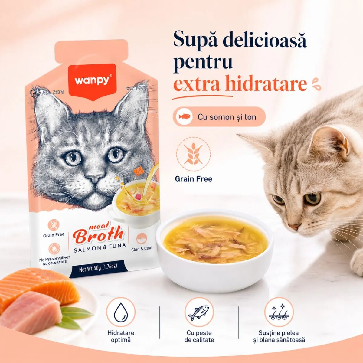 WANPY Meat Broth Somon și Ton plic hrană umedă pisici (supă) 50g