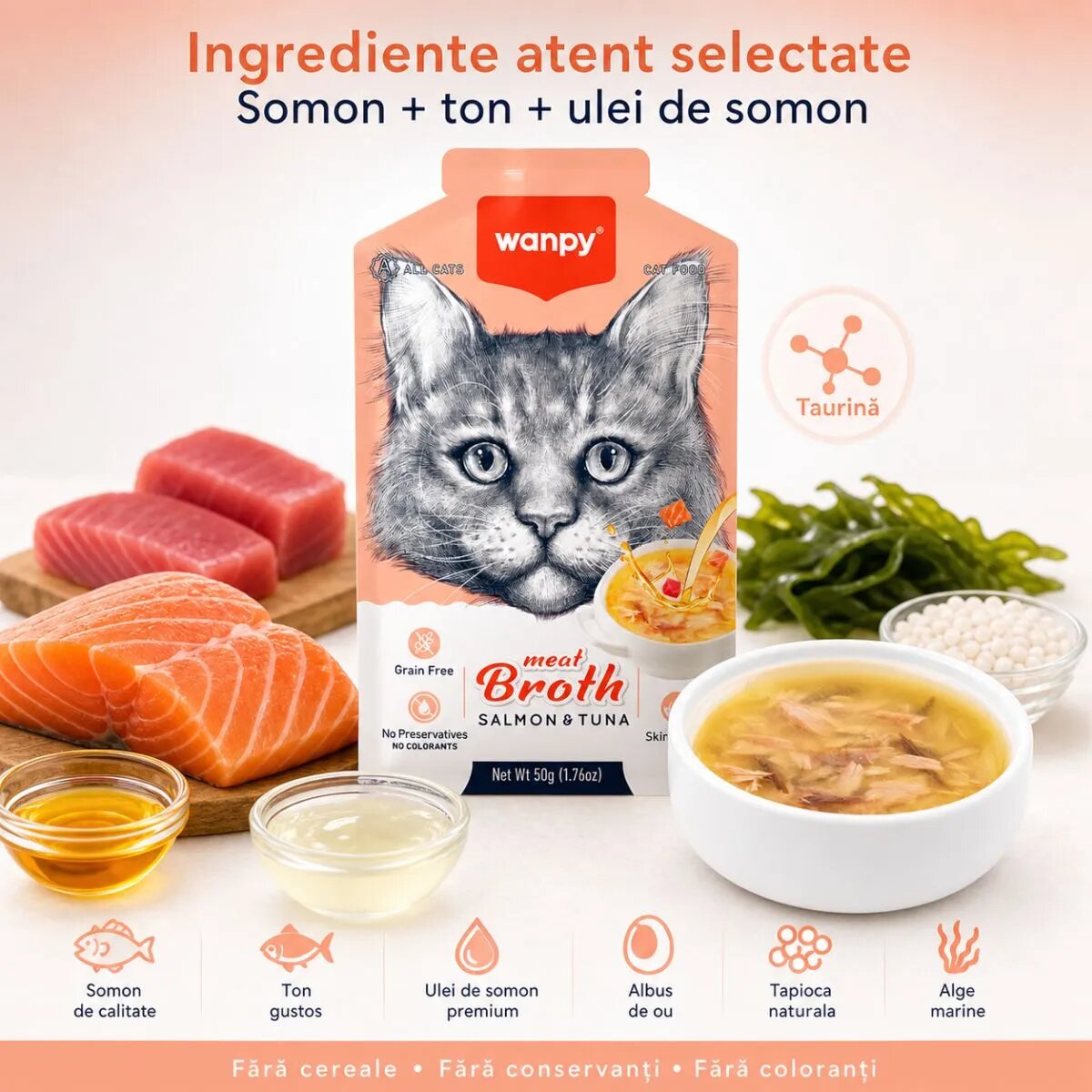 WANPY Meat Broth Somon și Ton plic hrană umedă pisici (supă) 50g