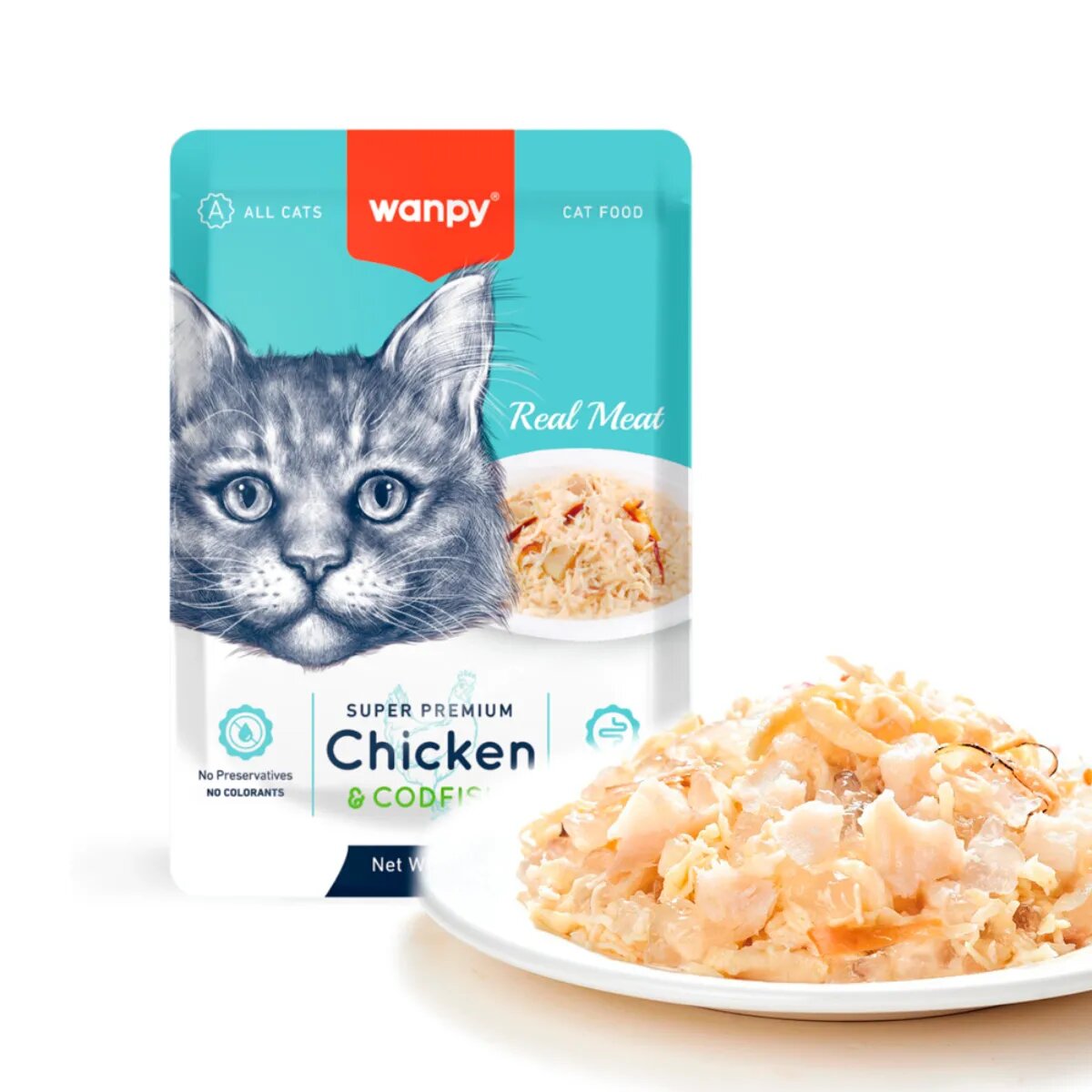 WANPY Pui și Cod punguță hrană umedă pisici (în aspic) 85g