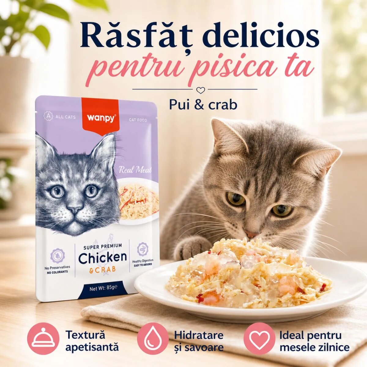 WANPY Pui și Crab punguță hrană umedă pisici (în aspic) 85g