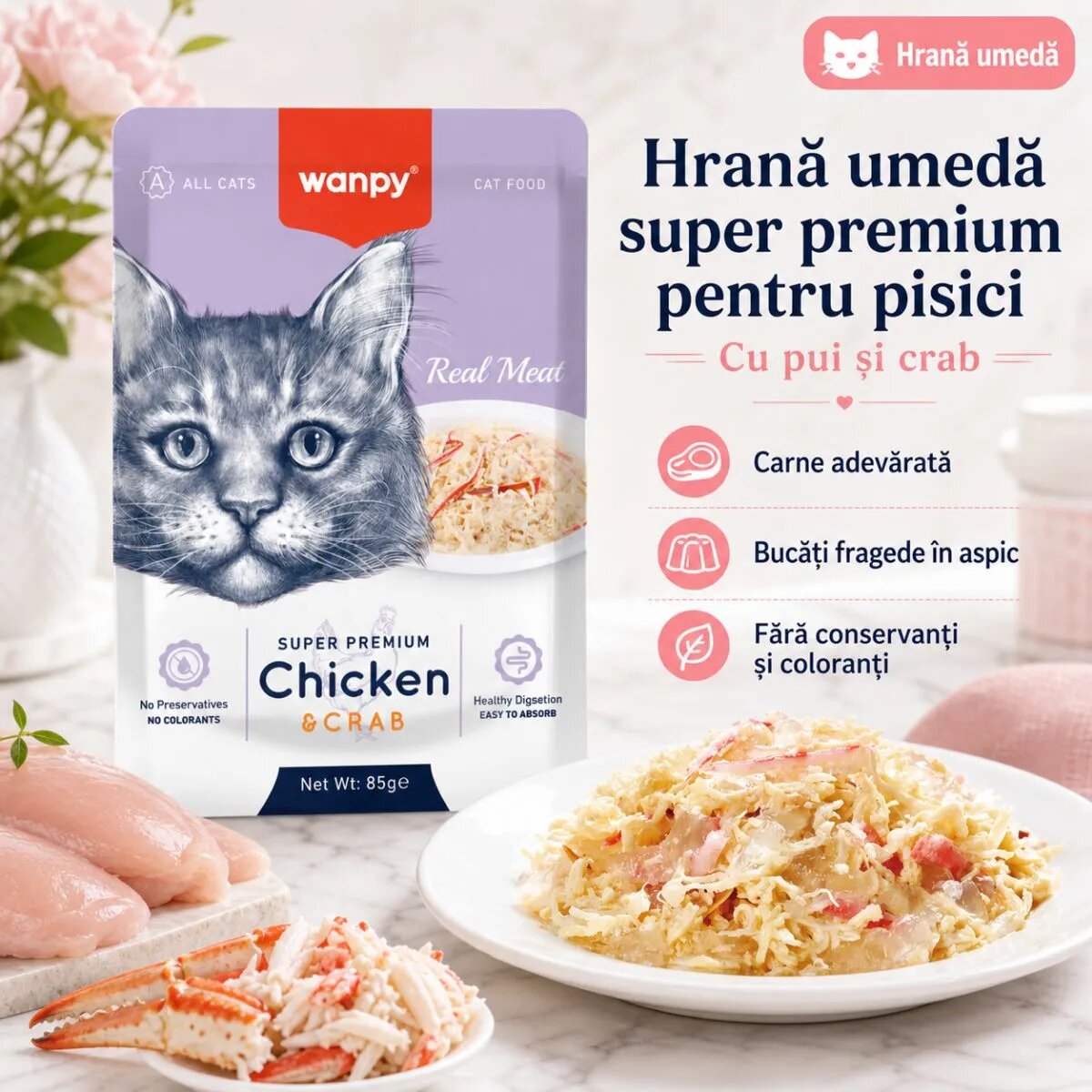 WANPY Pui și Crab punguță hrană umedă pisici (în aspic) 85g