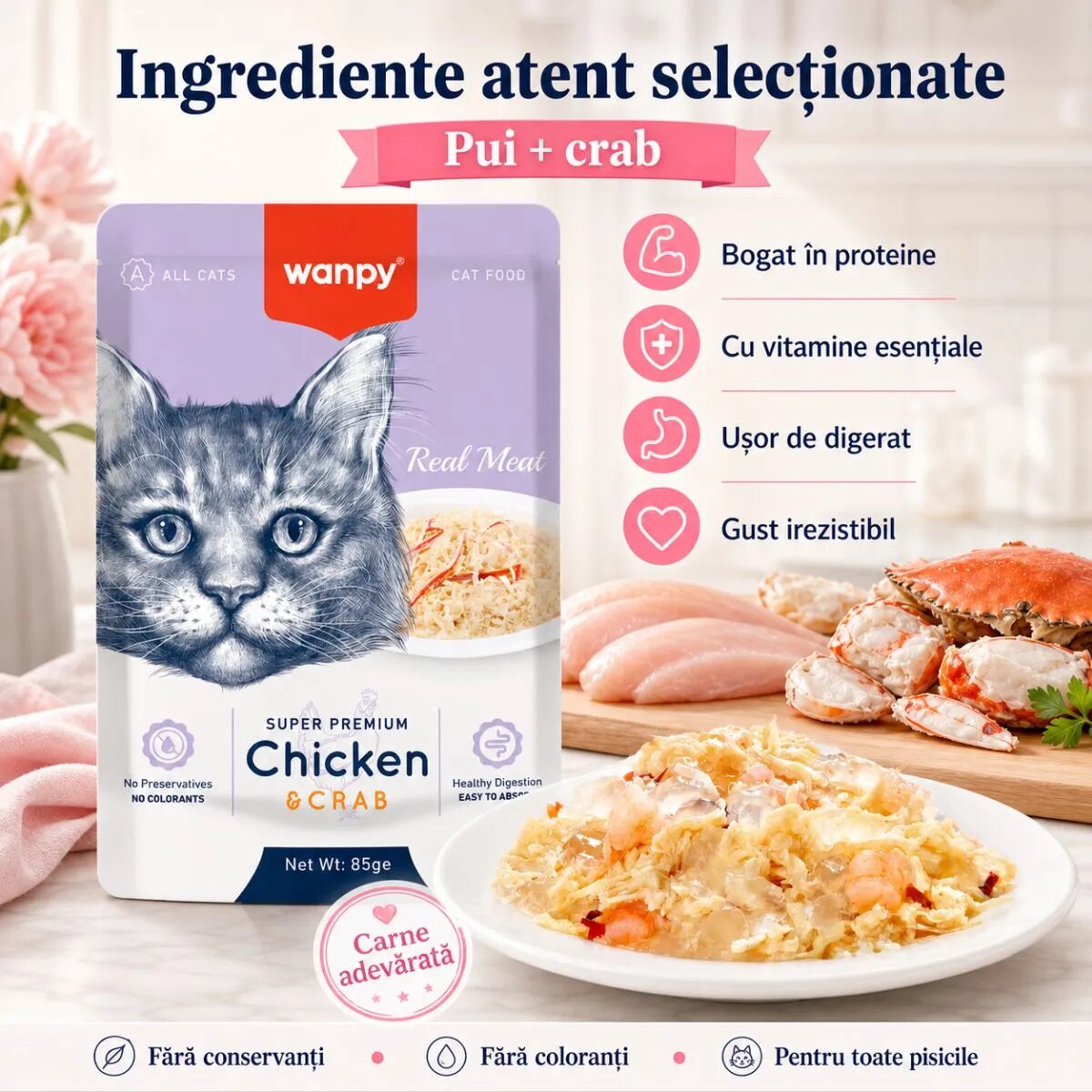 WANPY Pui și Crab punguță hrană umedă pisici (în aspic) 85g
