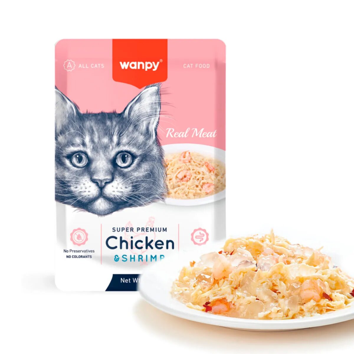 WANPY Pui și Creveți punguță hrană umedă pisici (în aspic) 85g