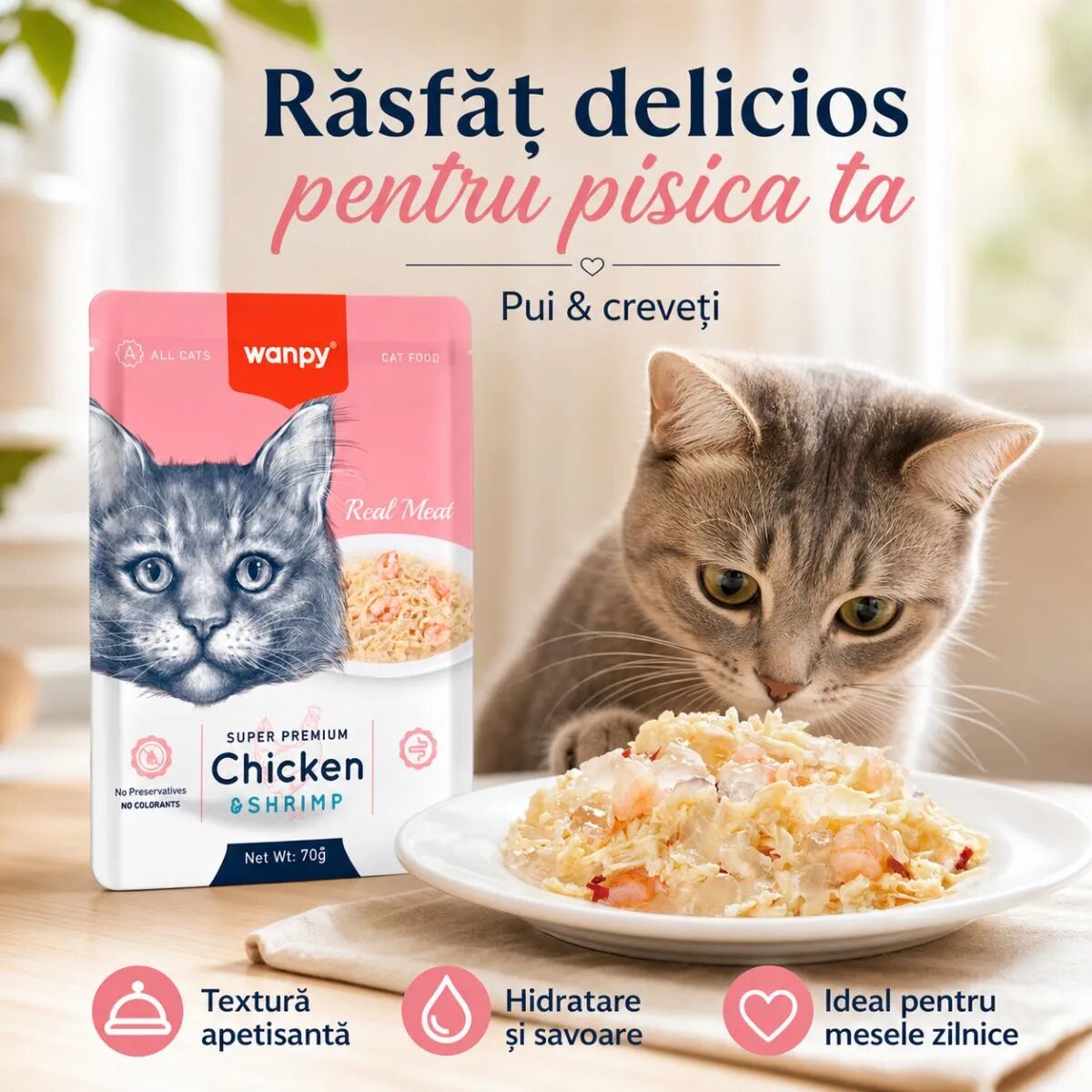 WANPY Pui și Creveți punguță hrană umedă pisici (în aspic) 85g