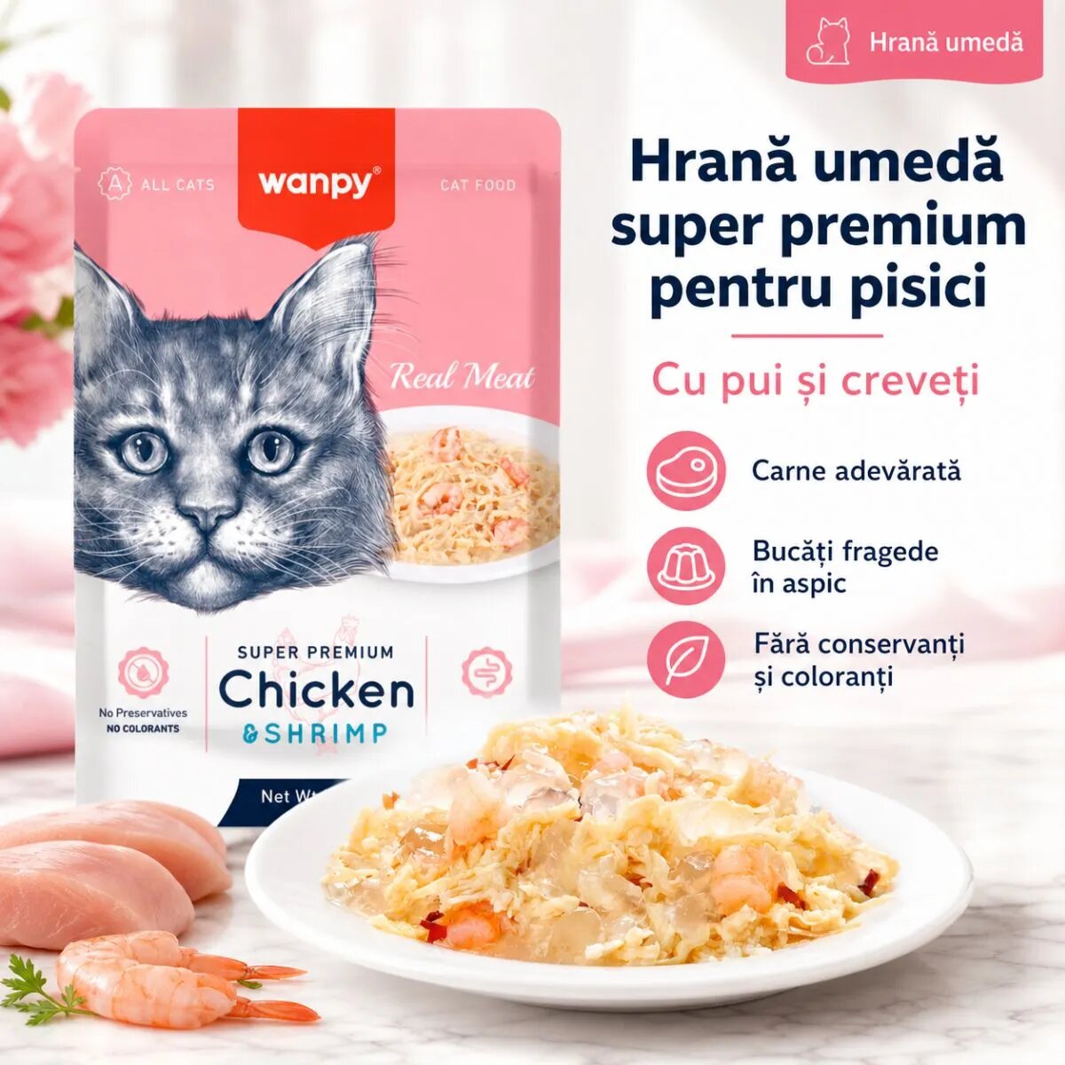 WANPY Pui și Creveți punguță hrană umedă pisici (în aspic) 85g