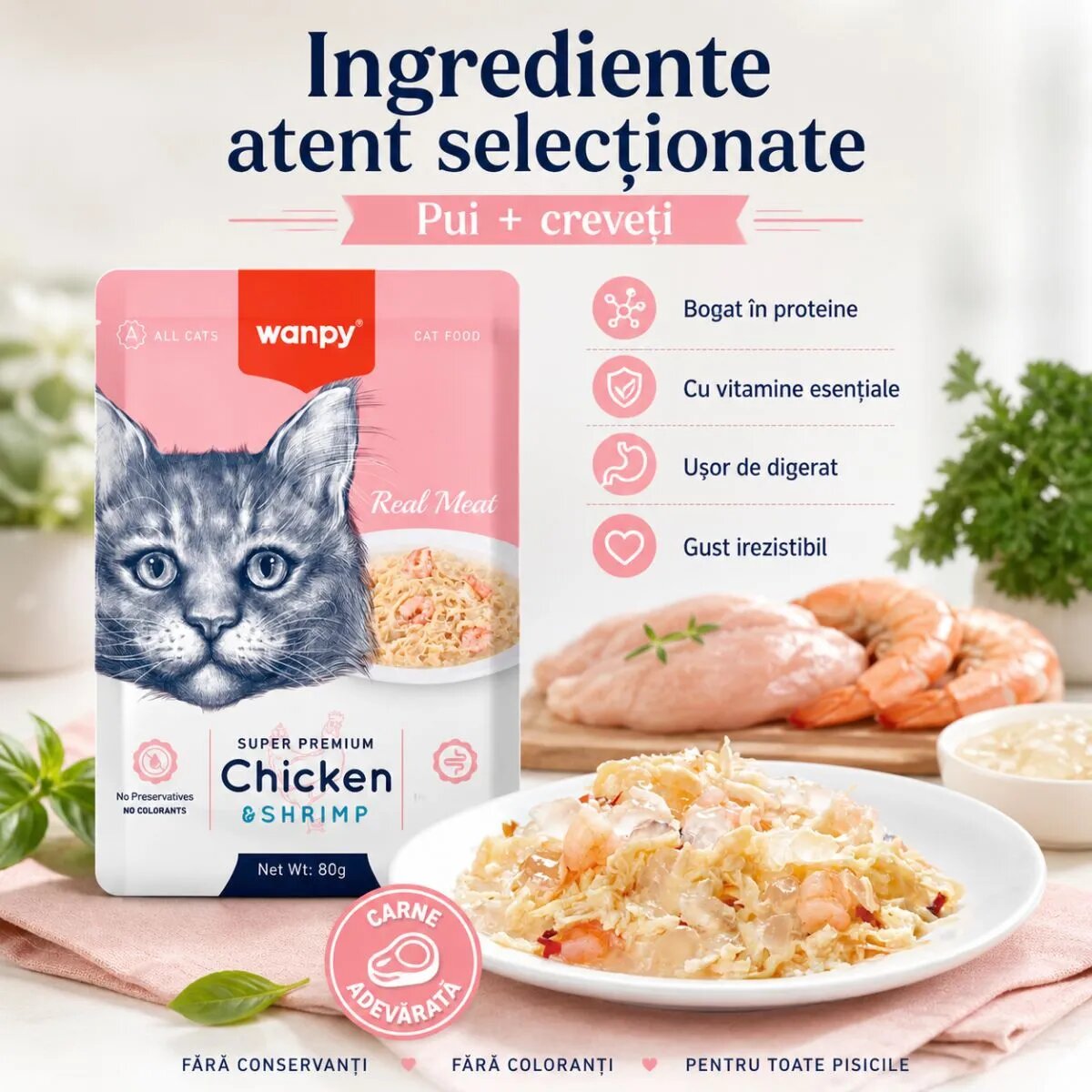 WANPY Pui și Creveți punguță hrană umedă pisici (în aspic) 85g