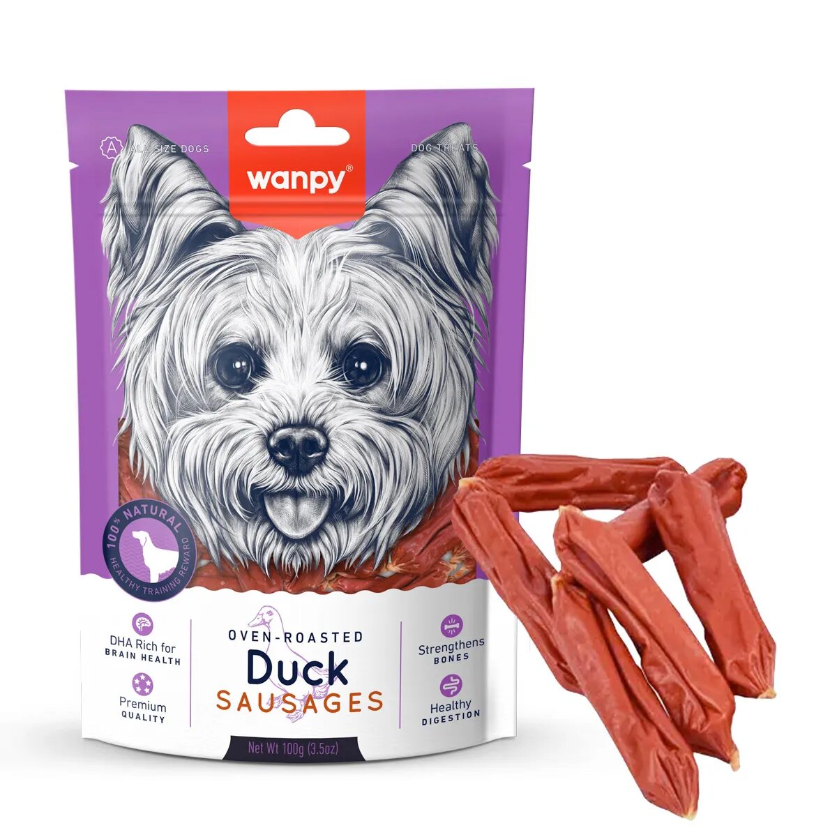 WANPY Sausages XS-M Rață punguță recompense câini 100g