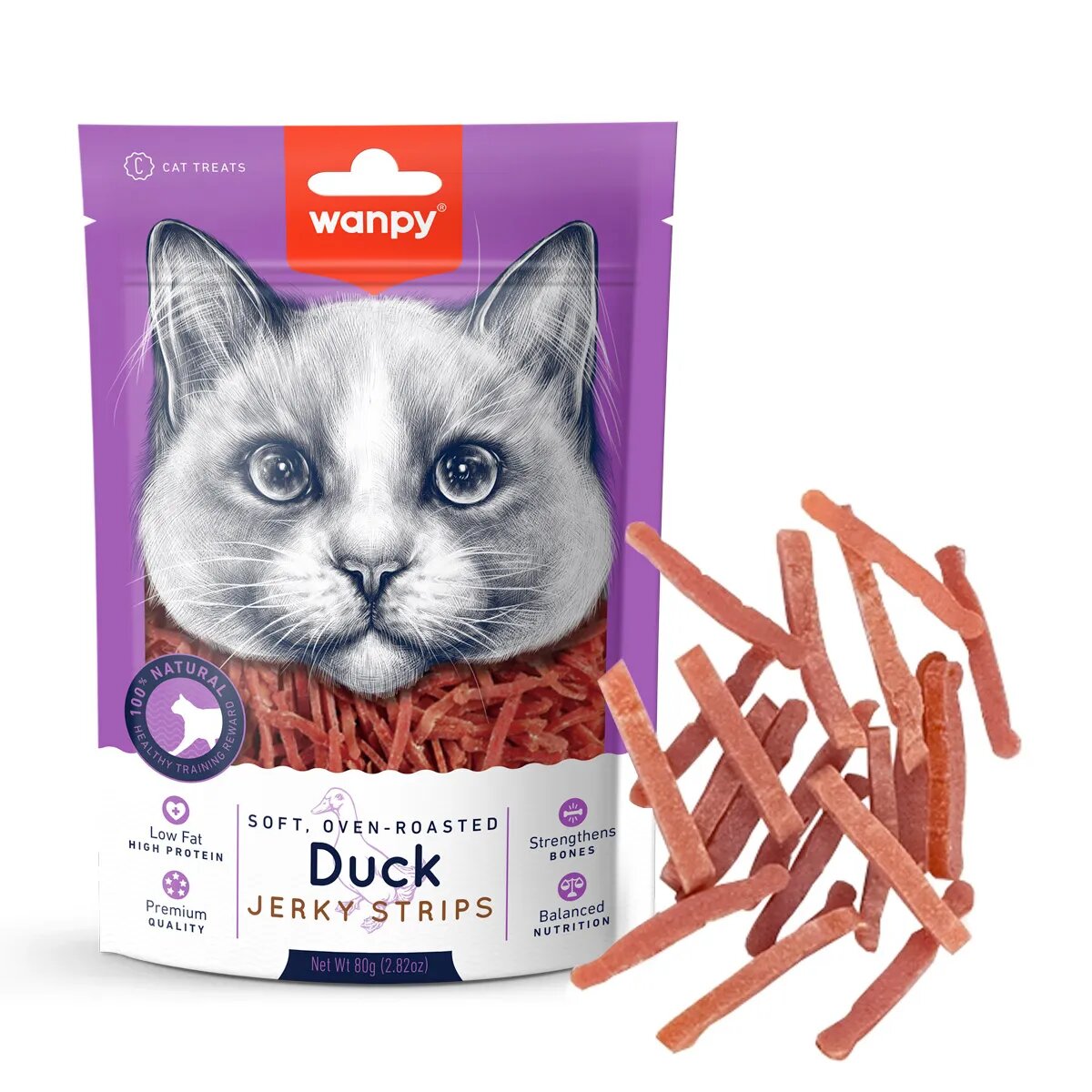 WANPY Soft Jerky Strips Rață punguță recompense pisici 80g