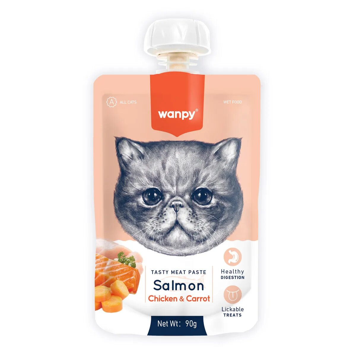 WANPY Tasty Meat Paste Somon și Pui punguță recompense pisici (piure) 90g