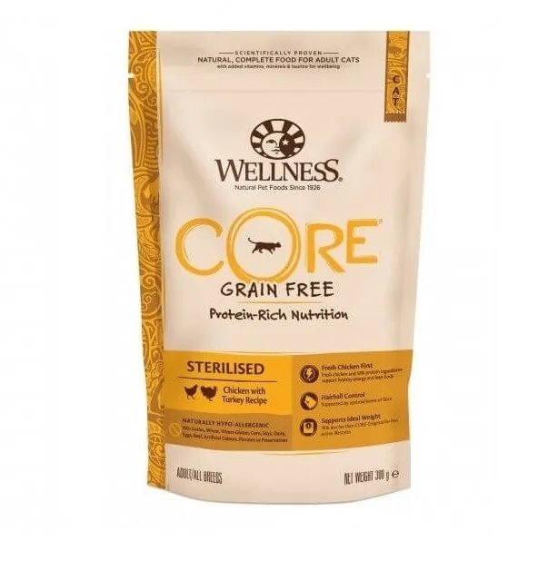 Wellness Core Dry Sterilised cu Pui si Curcan 300 g