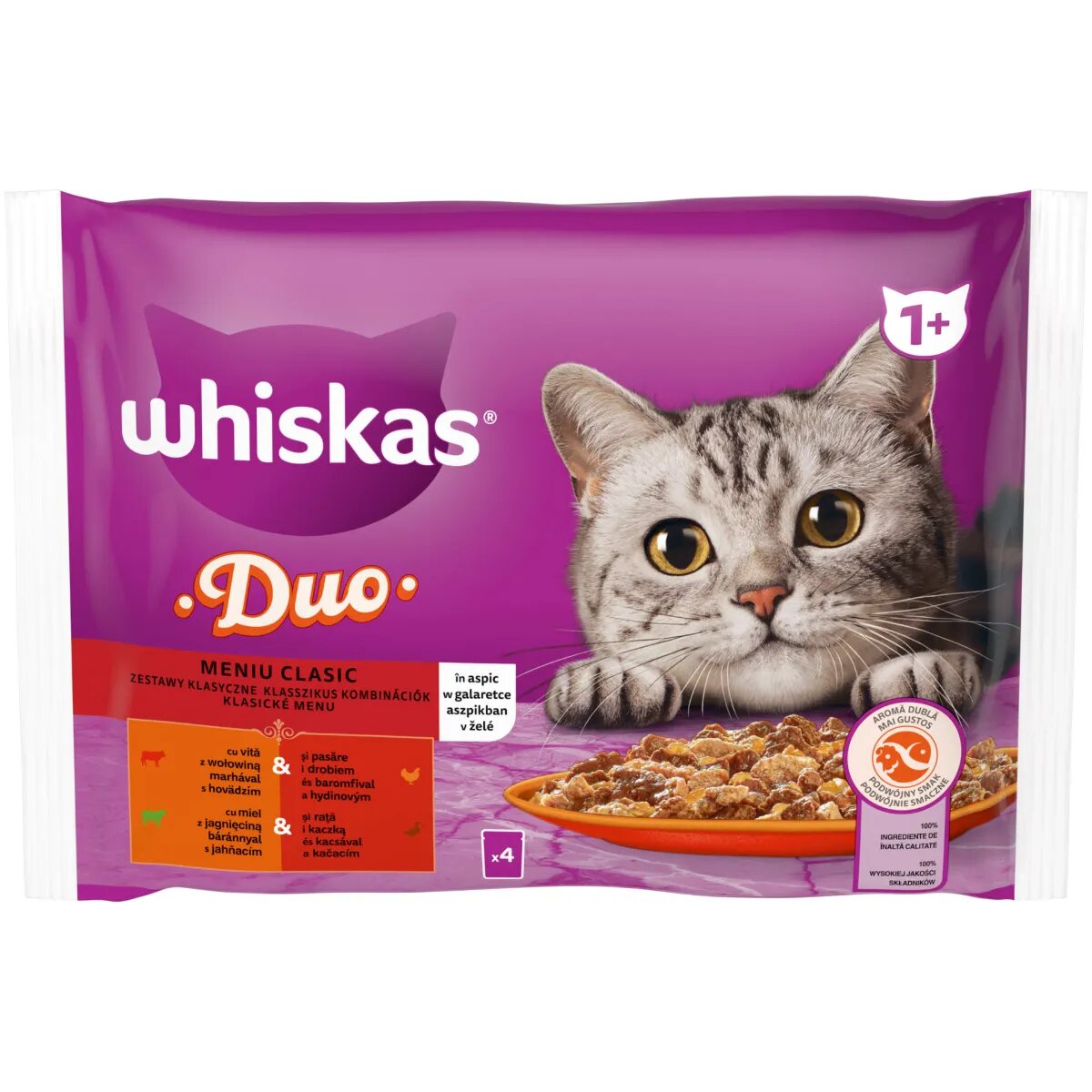 WHISKAS 1+ Duo Meaty Combos Carne plic hrană umedă pisici (în aspic) multipack 85g x 4buc