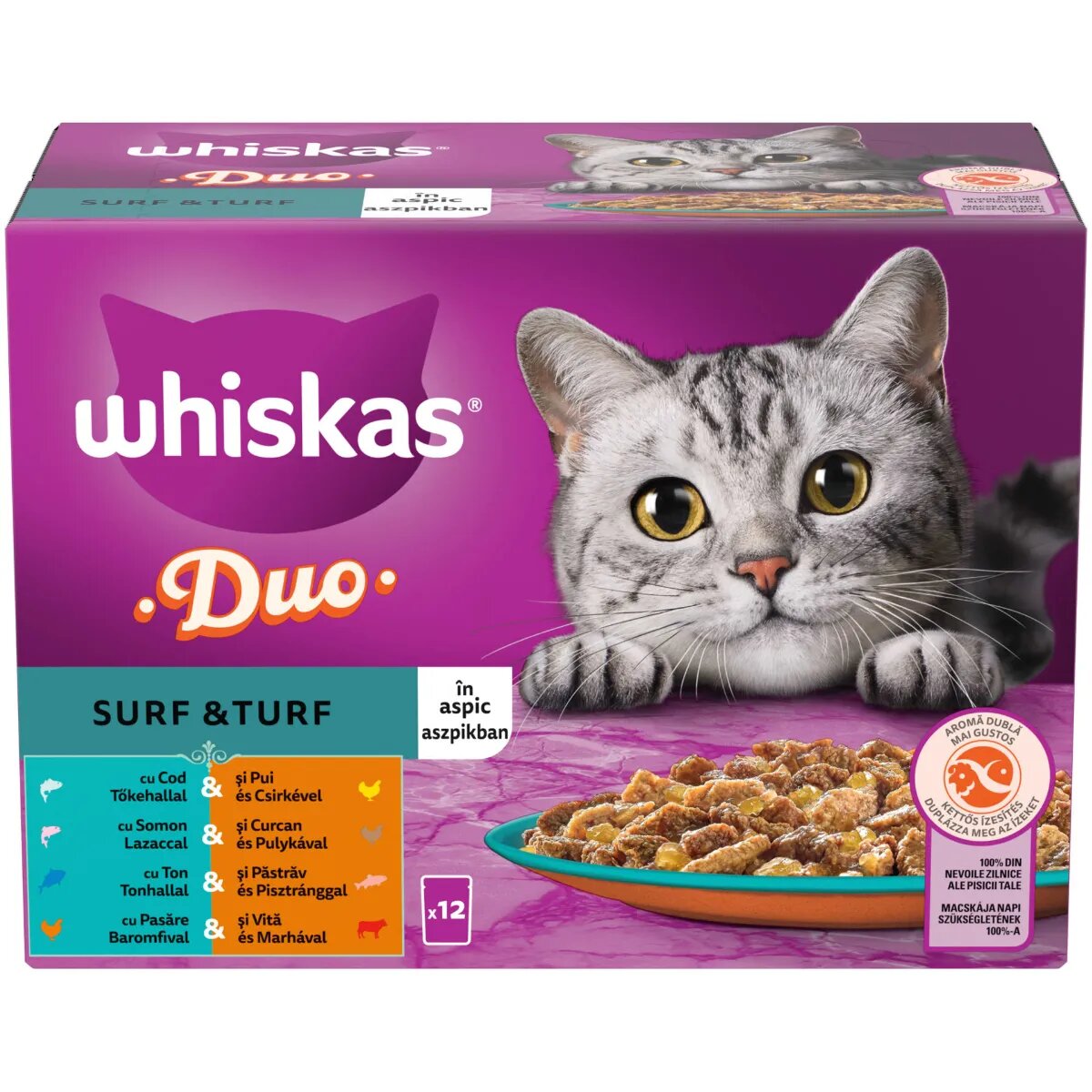 WHISKAS 1+ Duo Surf and Turf Pasăre și Pește plic hrană umedă pisici (în aspic) multipack 85g x 12buc