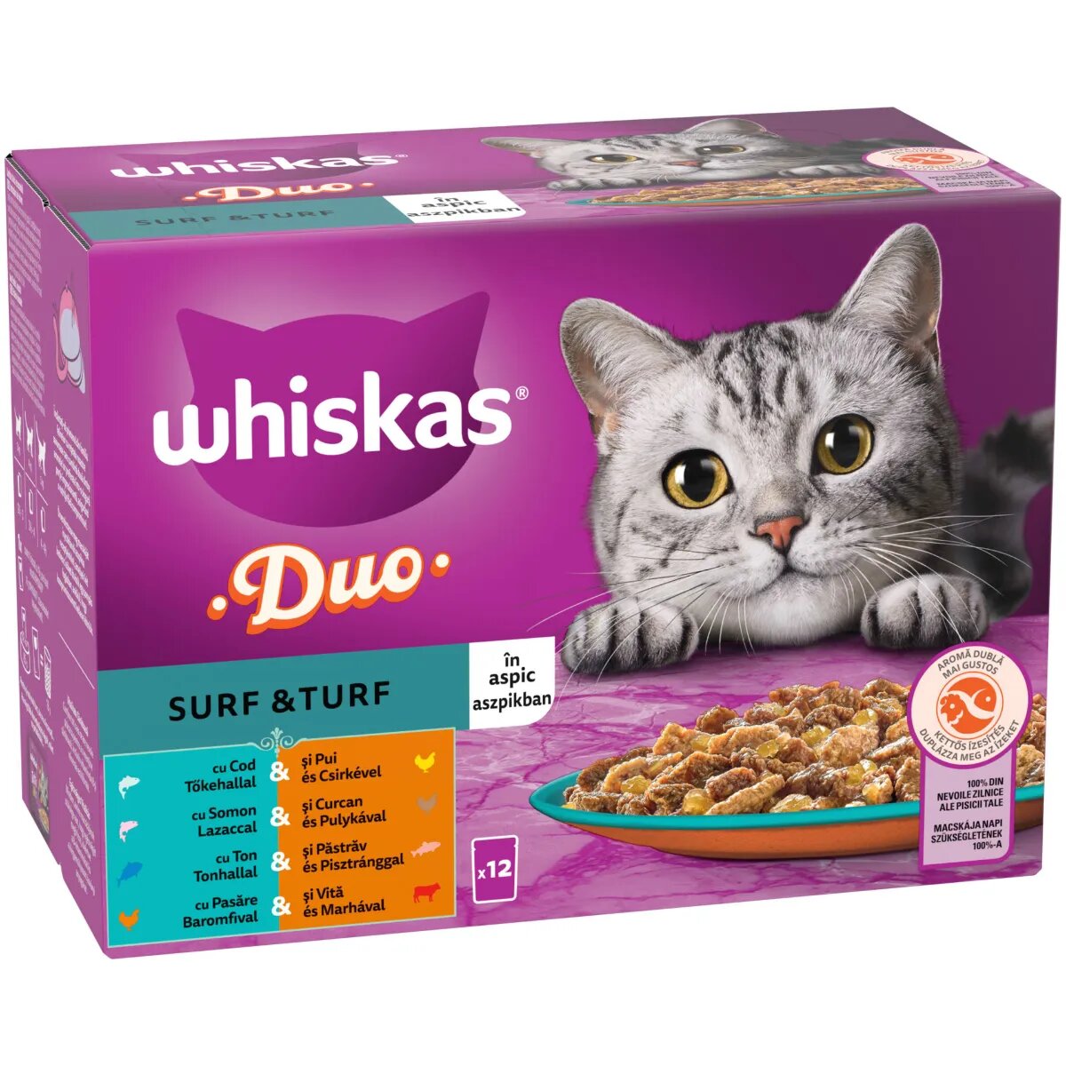 WHISKAS 1+ Duo Surf and Turf Pasăre și Pește plic hrană umedă pisici (în aspic) multipack 85g x 12buc