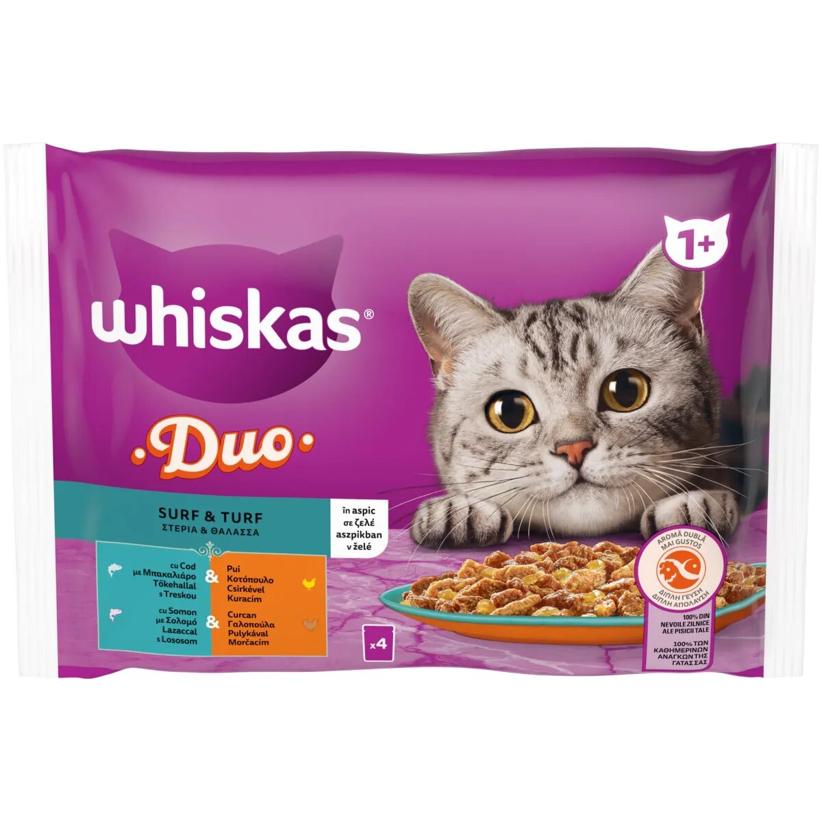 WHISKAS 1+ Duo Surf and Turf Pasăre și Pește plic hrană umedă pisici (în aspic) multipack 85g x 4buc