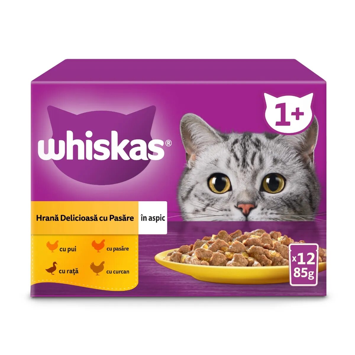 WHISKAS 1+ Poultry Feasts Pasăre plic hrană umedă pisici (în aspic) 1+ Poultry Feasts Selectii Pasăre plic hrană umedă pisici (în aspic) multipack 85g x 12
