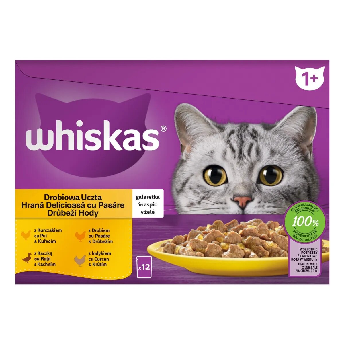 WHISKAS 1+ Poultry Feasts Pasăre plic hrană umedă pisici (în aspic) 1+ Poultry Feasts Selectii Pasăre plic hrană umedă pisici (în aspic) multipack 85g x 12
