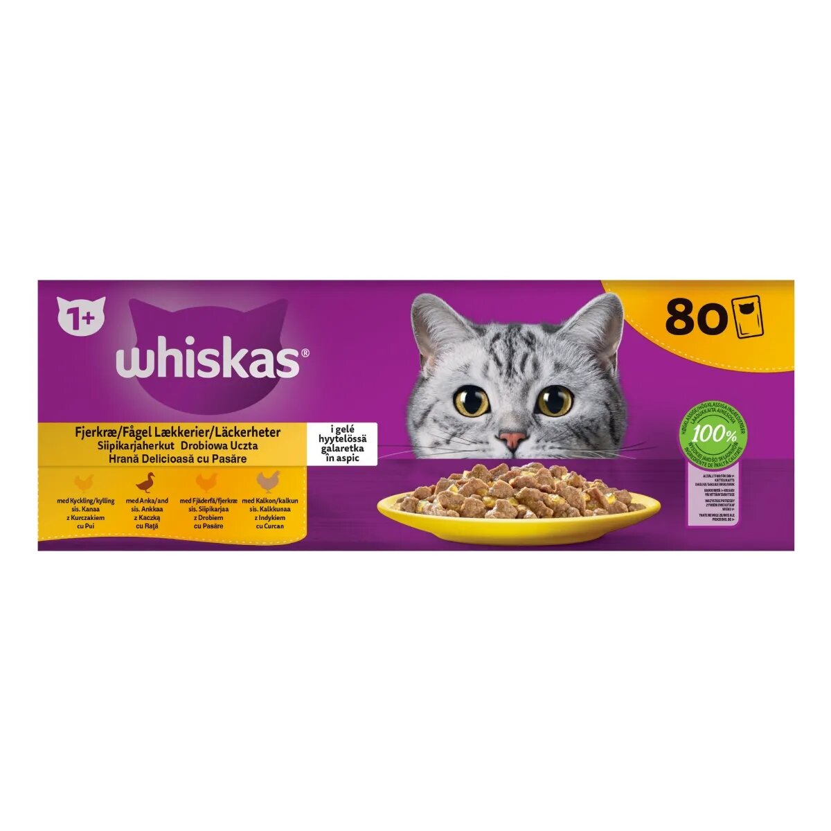 WHISKAS 1+ Poultry Feasts Pasăre plic hrană umedă pisici (în aspic) 1+ Poultry Feasts Selectii Pasăre plic hrană umedă pisici (în aspic) multipack 85g x 80