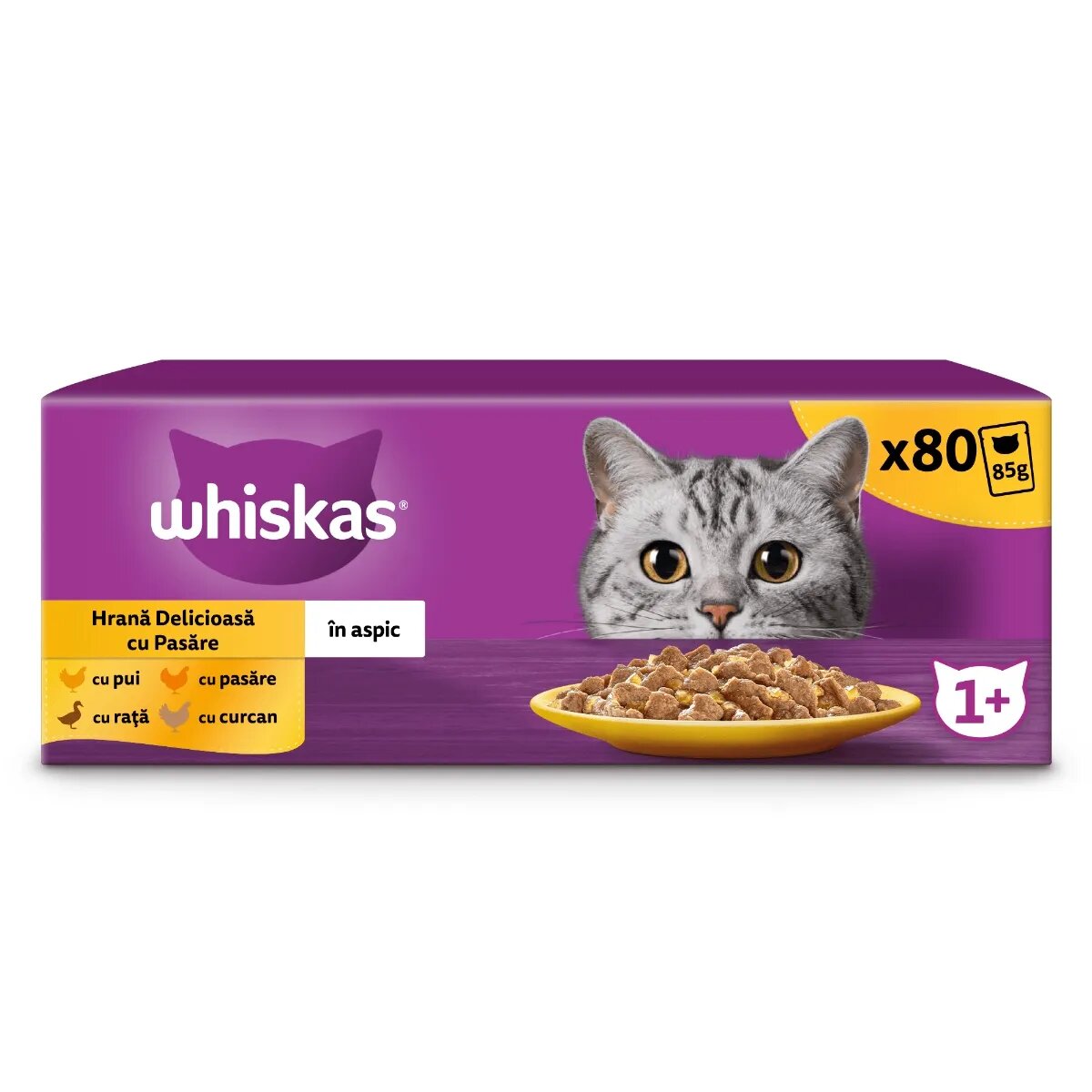 WHISKAS 1+ Poultry Feasts Pasăre plic hrană umedă pisici (în aspic) 1+ Poultry Feasts Selectii Pasăre plic hrană umedă pisici (în aspic) multipack 85g x 80