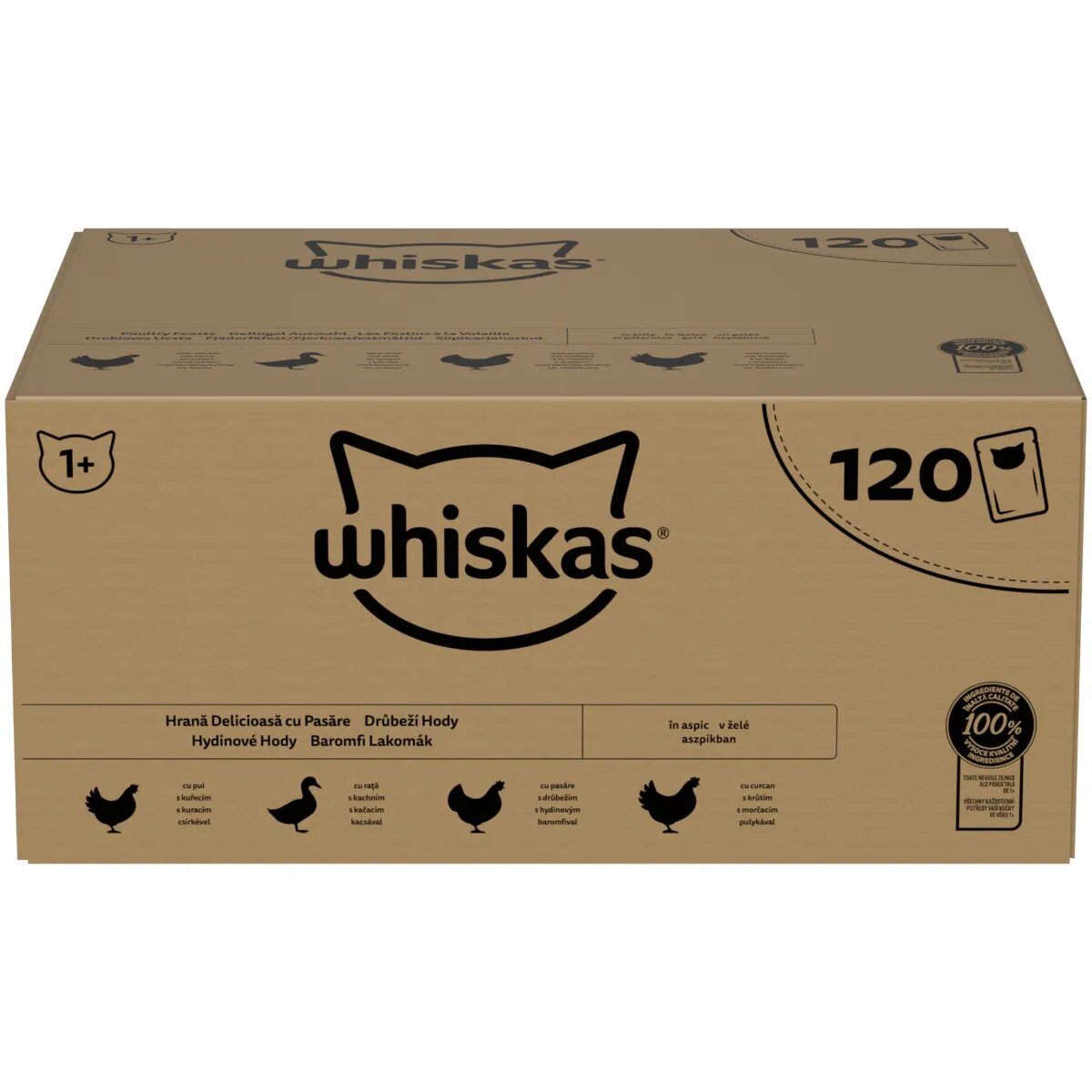 WHISKAS 1+ Poultry Feasts Pasăre plic hrană umedă pisici (în aspic) megapack 85g x 120buc