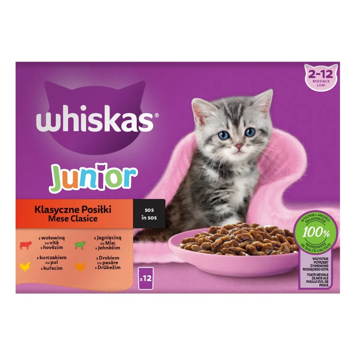 WHISKAS Junior Selectii Clasice Miel Vită Pui și Pasăre plic hrană umedă pisici (în sos) multipack 85g x 12