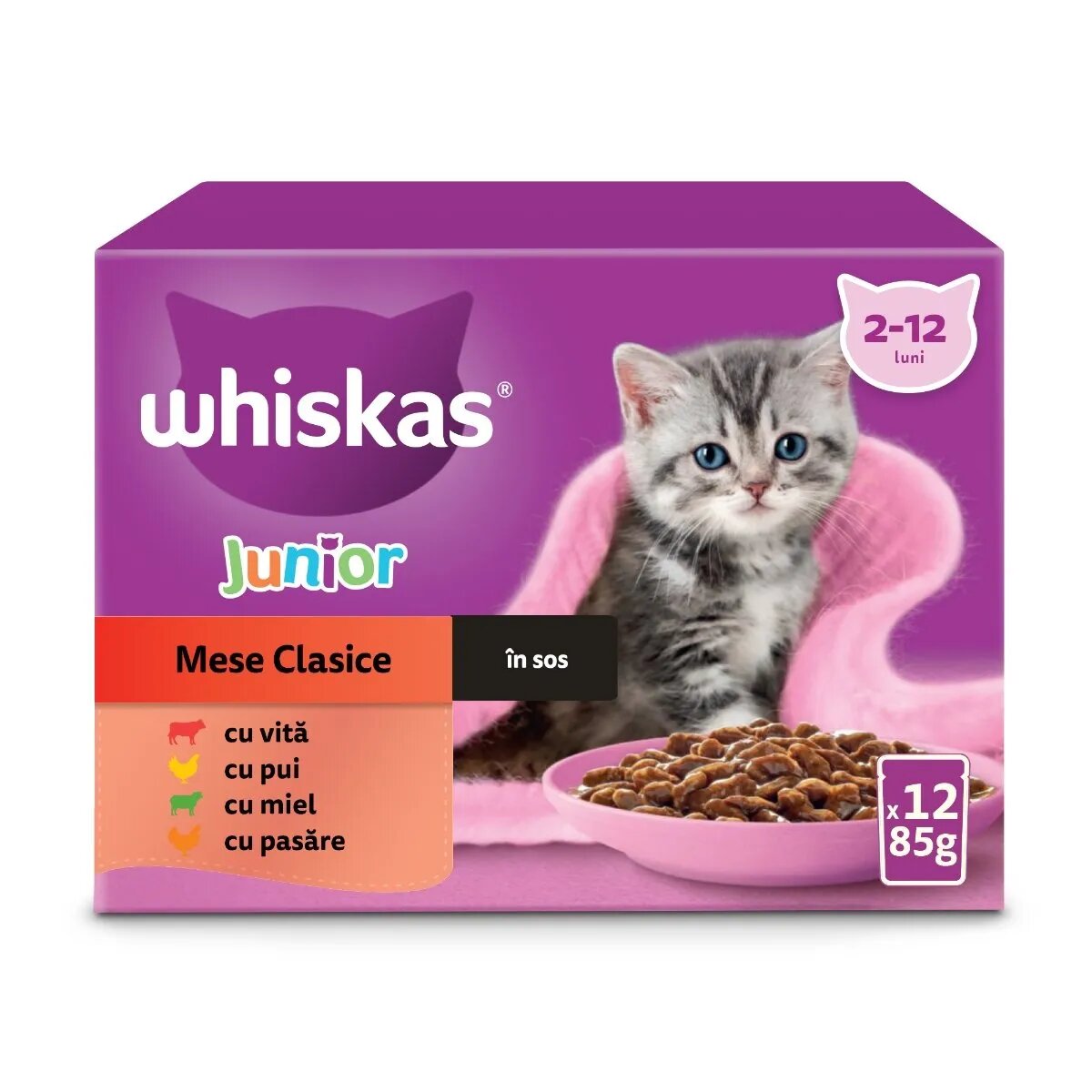 WHISKAS Junior Selectii Clasice Miel Vită Pui și Pasăre plic hrană umedă pisici (în sos) multipack 85g x 12