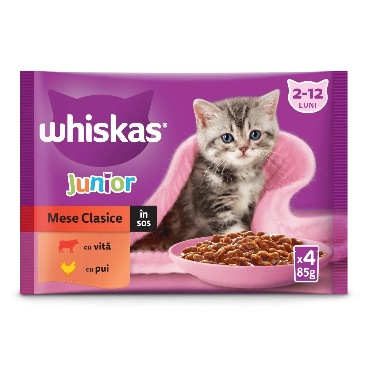 WHISKAS Junior Selectii Clasice Vită și Pui plic hrană umedă pisici junior (în aspic) multipack 85g x 4