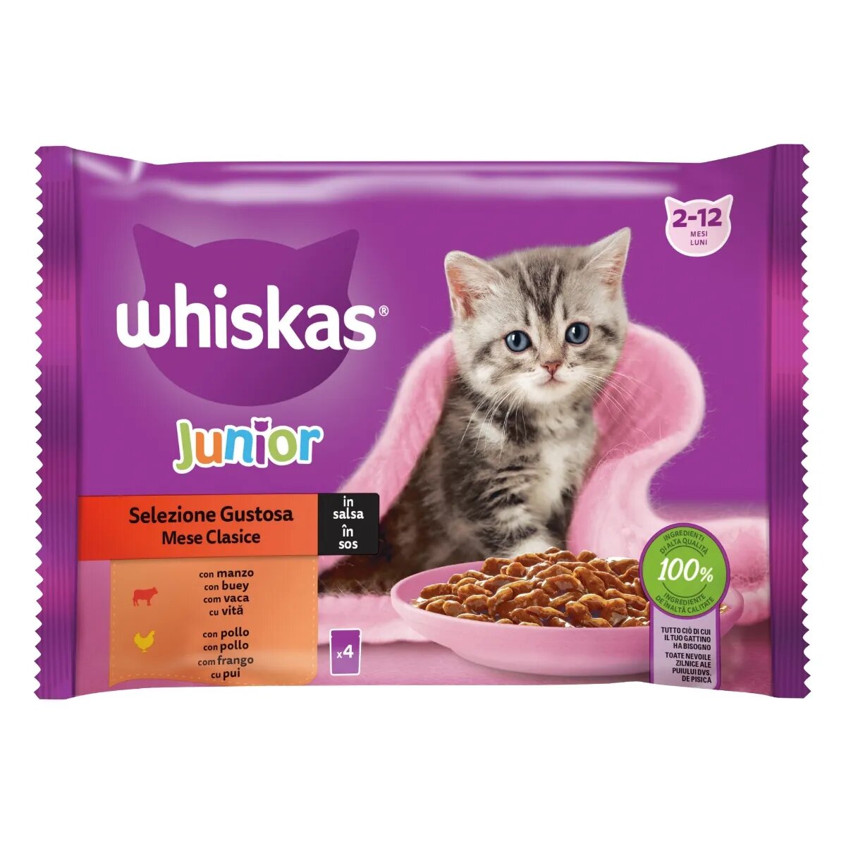 WHISKAS Junior Selectii Clasice Vită și Pui plic hrană umedă pisici junior (în aspic) multipack 85g x 4