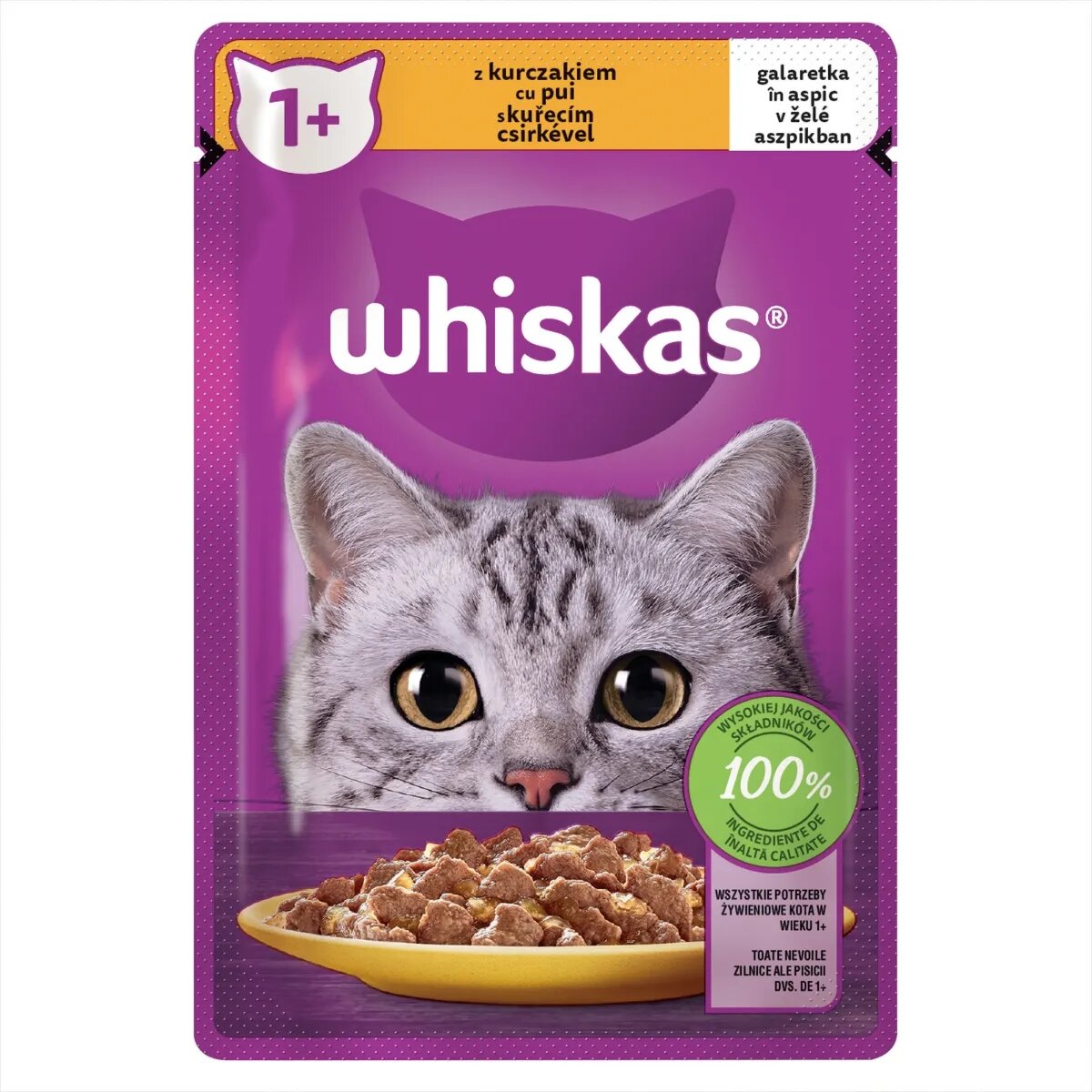 WHISKAS Pui plic hrană umedă pisici (în aspic) 85g