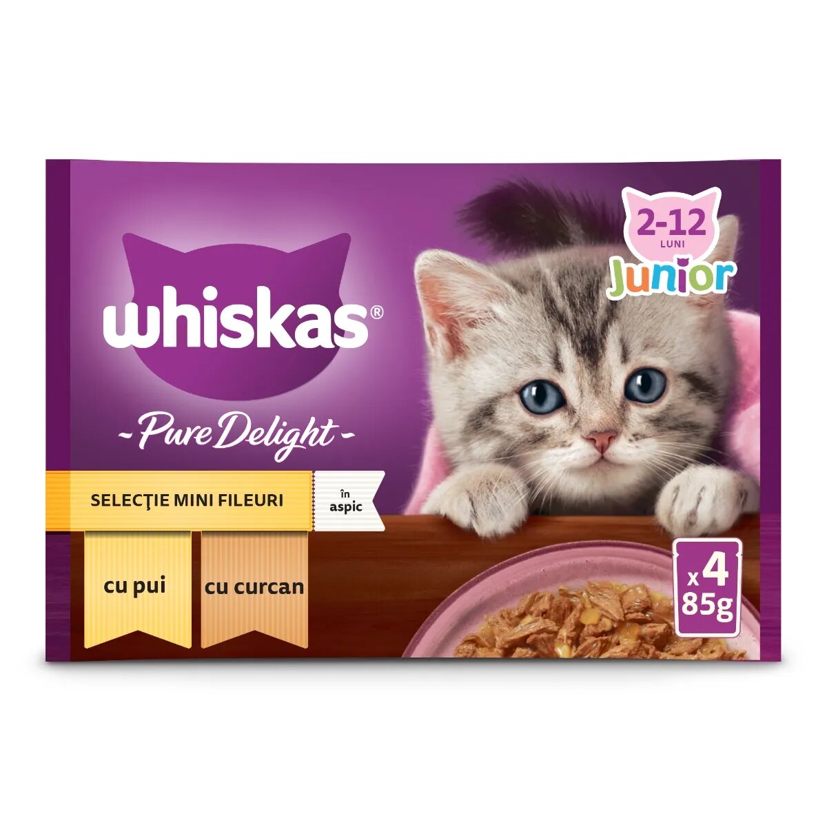 WHISKAS Pure Delight Junior Selectii Pasăre Pui și Curcan plic hrană umedă pisici junior (în aspic) multipack 85g x 4