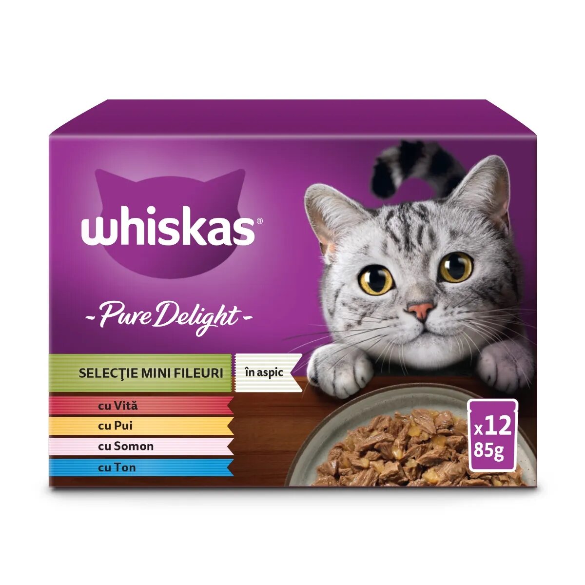 WHISKAS Pure Delight Mixed Selection Vită Pui Somon și Ton plic hrană umedă pisici (în aspic) multipack 85g x 12