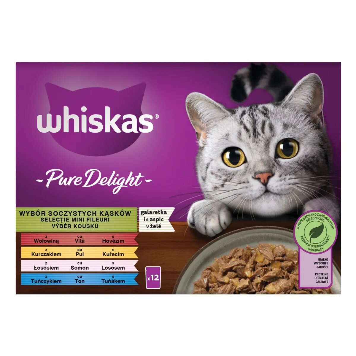 WHISKAS Pure Delight Mixed Selection Vită Pui Somon și Ton plic hrană umedă pisici (în aspic) multipack 85g x 12