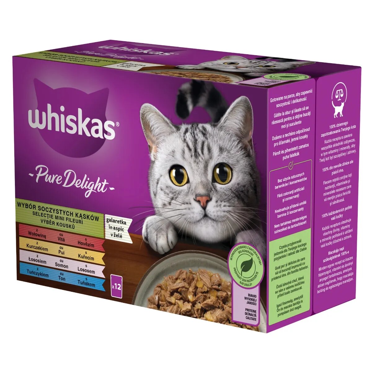 WHISKAS Pure Delight Mixed Selection Vită Pui Somon și Ton plic hrană umedă pisici (în aspic) multipack 85g x 12
