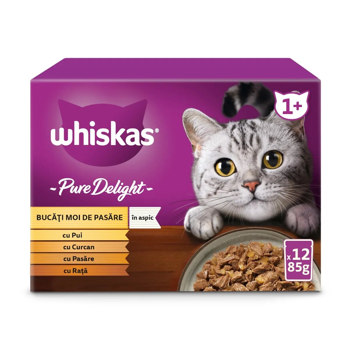 WHISKAS Pure Delight Pasăre plic hrană umedă pisici (în aspic) multipack 85g x 12