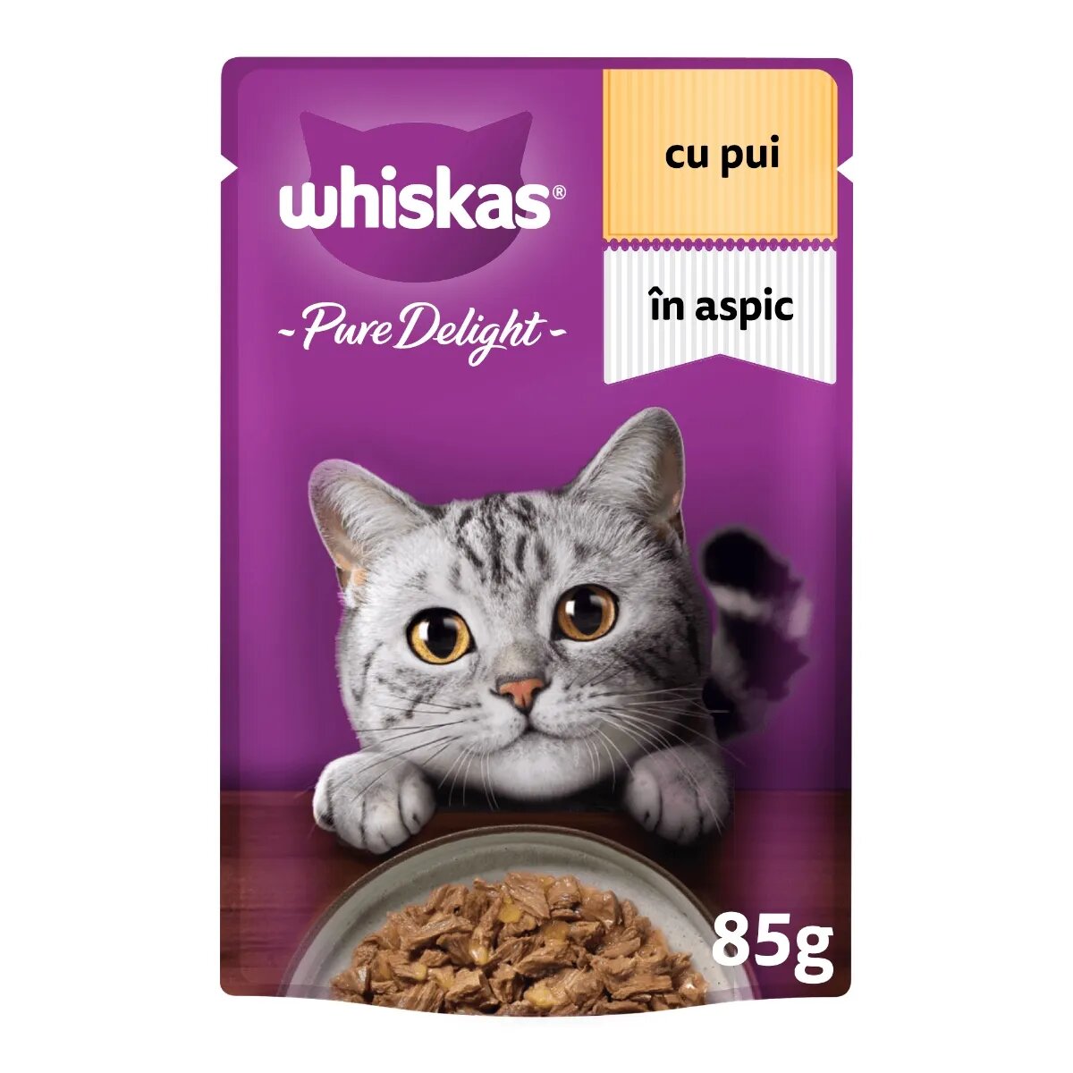 WHISKAS Pure Delight Pui plic hrană umedă pisici (în aspic) 85g