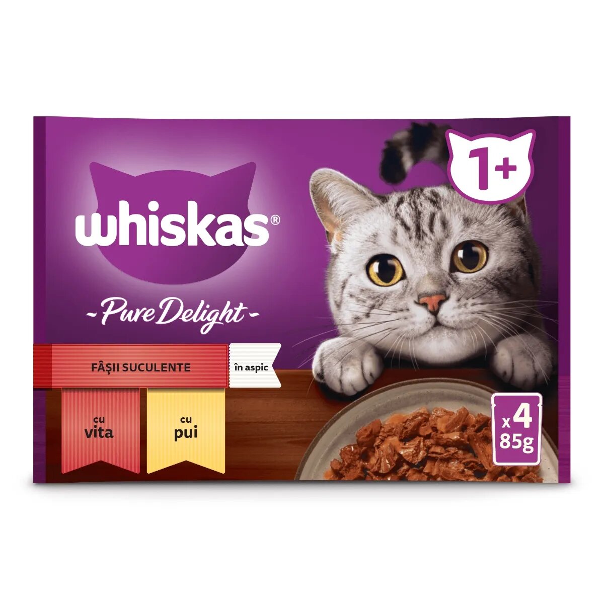 WHISKAS Pure Delight Selectii Clasice Vită și Pui plic hrană umedă pisici (în aspic) multipack 85g x 4