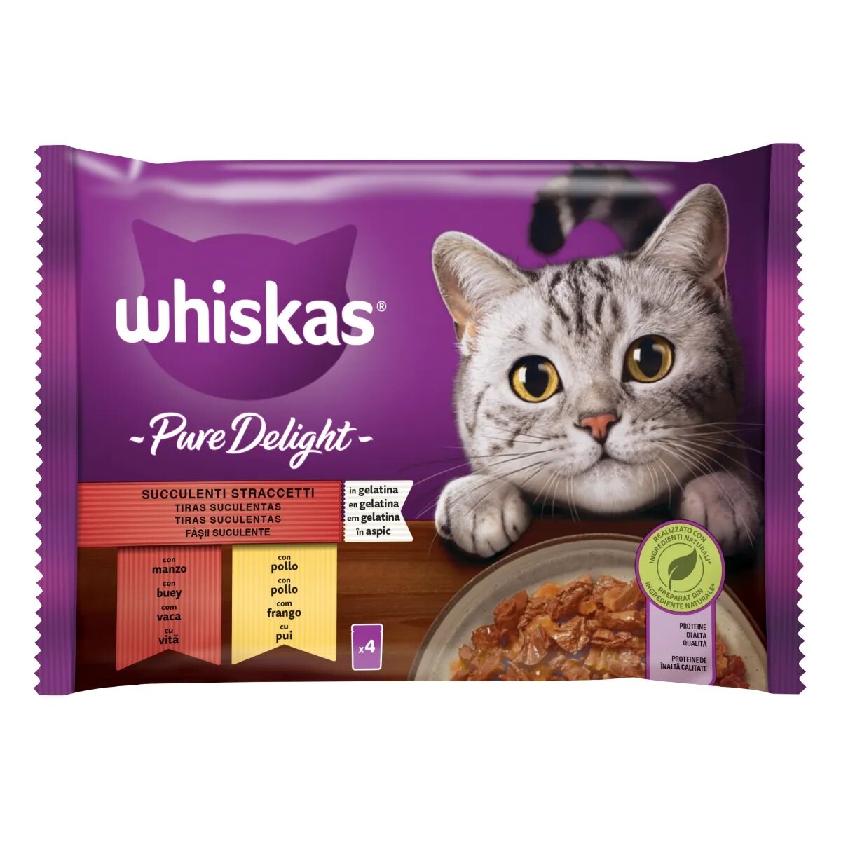 WHISKAS Pure Delight Selectii Clasice Vită și Pui plic hrană umedă pisici (în aspic) multipack 85g x 4
