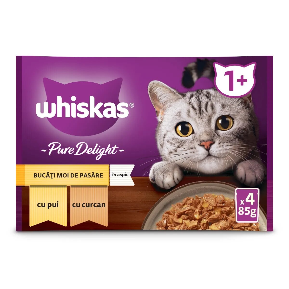 WHISKAS Pure Delight Selectii Pasăre Pui și Curcan plic hrană umedă pisici (în aspic) multipack 85g x 4