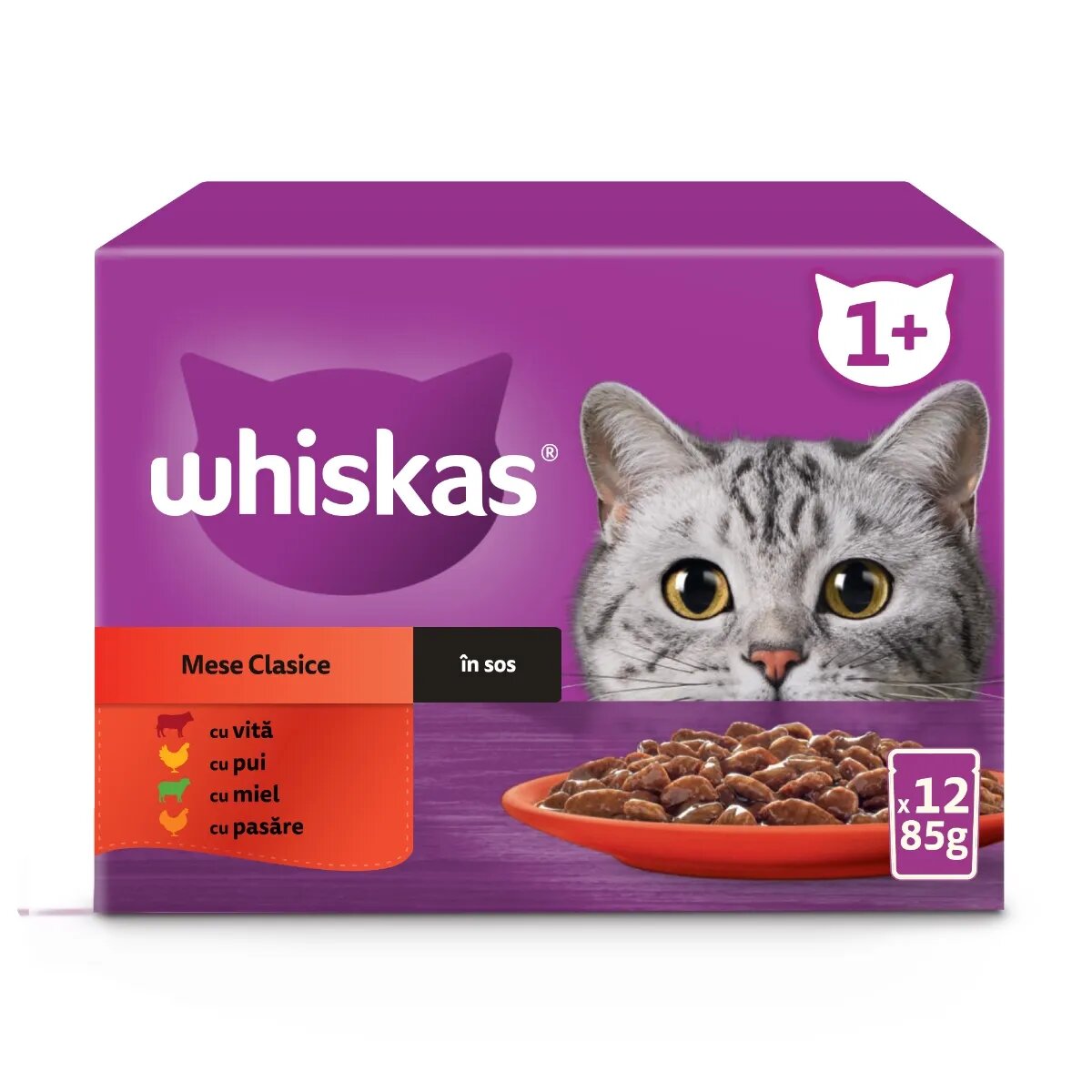 WHISKAS Selectii Clasice Miel Vită Pui și Pasăre hrană umedă pisici (în sos) multipack Selectii Clasice Miel Vită Pui și Pasăre plic hrană umedă pisici (în sos) multipack 85g x 12