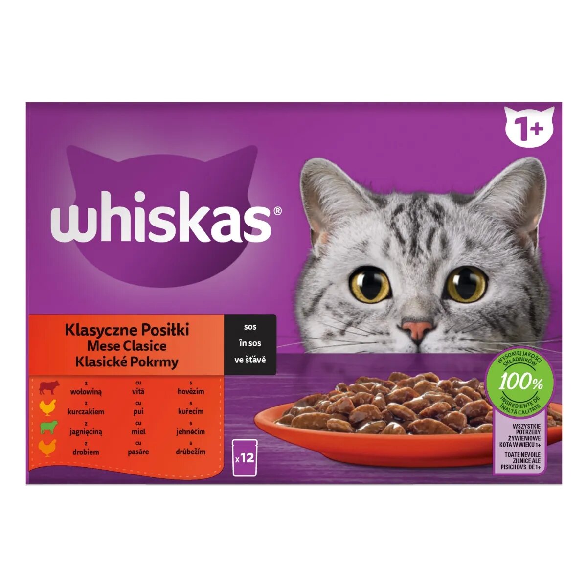 WHISKAS Selectii Clasice Miel Vită Pui și Pasăre hrană umedă pisici (în sos) multipack Selectii Clasice Miel Vită Pui și Pasăre plic hrană umedă pisici (în sos) multipack 85g x 12