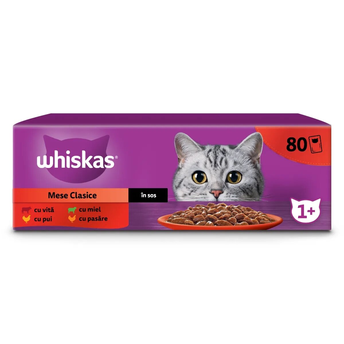 WHISKAS Selectii Clasice Miel Vită Pui și Pasăre hrană umedă pisici (în sos) multipack Selectii Clasice Miel Vită Pui și Pasăre plic hrană umedă pisici (în sos) multipack 85g x 80