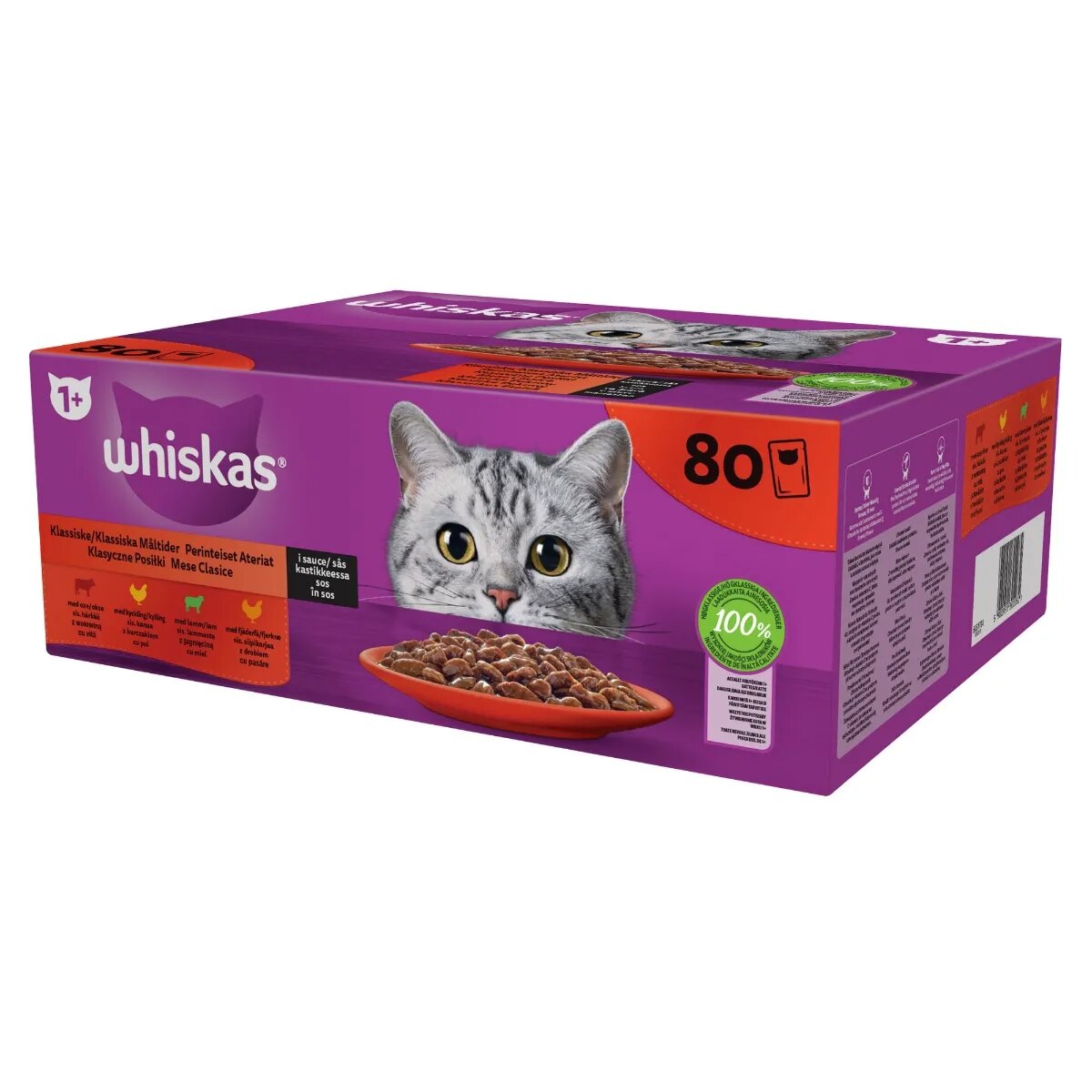WHISKAS Selectii Clasice Miel Vită Pui și Pasăre hrană umedă pisici (în sos) multipack Selectii Clasice Miel Vită Pui și Pasăre plic hrană umedă pisici (în sos) multipack 85g x 80