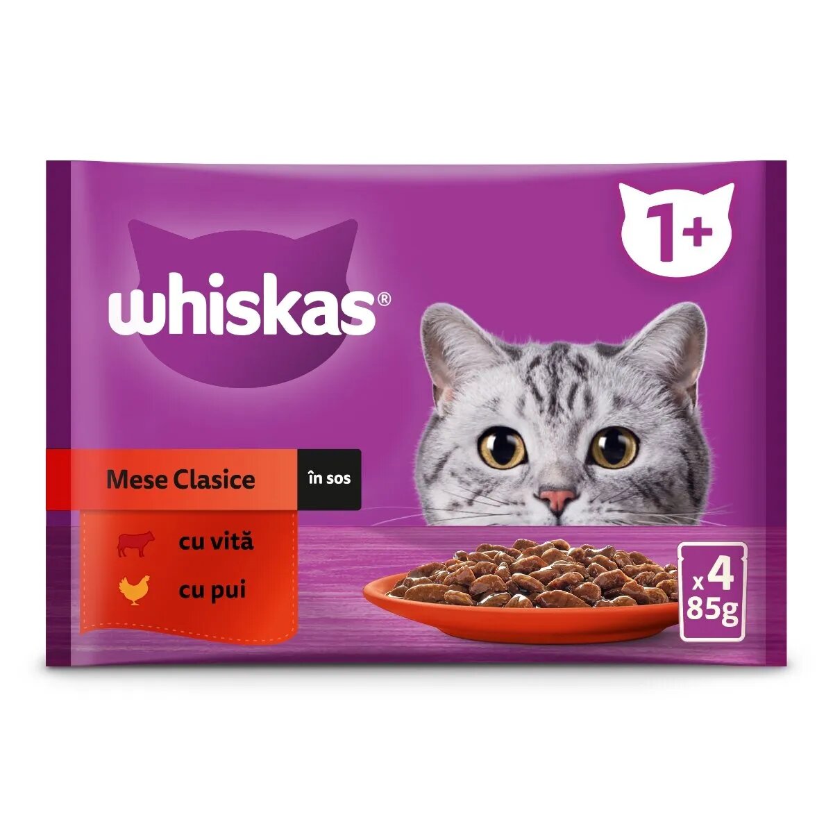 WHISKAS Selectii Clasice Vită și Pui plic hrană umedă pisici (în aspic) multipack 85g x 4 Selectii Clasice Vită și Pui plic hrană umedă pisici (în sos) multipack 85g x 4