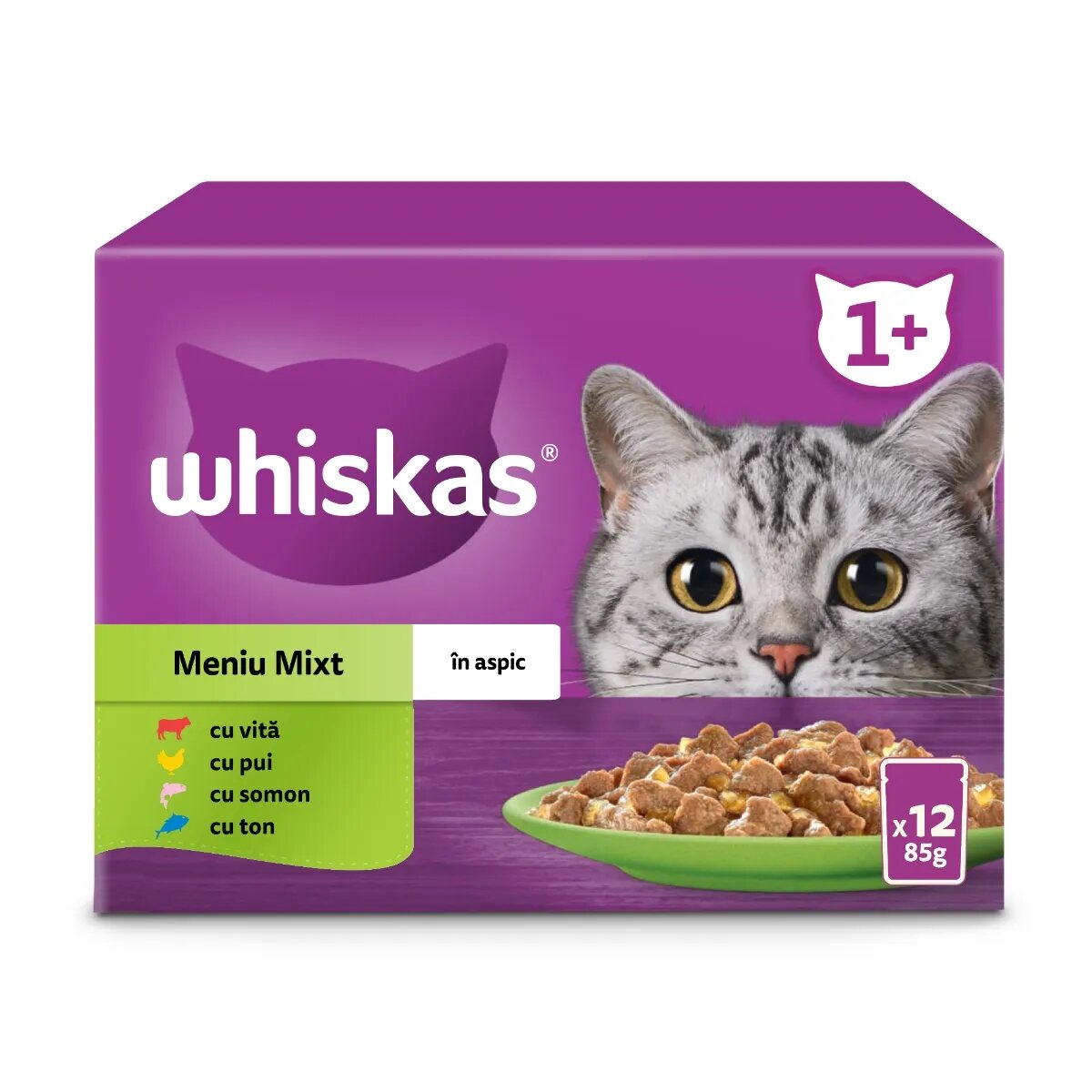 WHISKAS Selectii Mixte Vită Pui Somon și Ton hrană umedă pisici (în aspic) multipack Selectii Mixte Vită Pui Somon și Ton plic hrană umedă pisici (în aspic) multipack 85g x 12