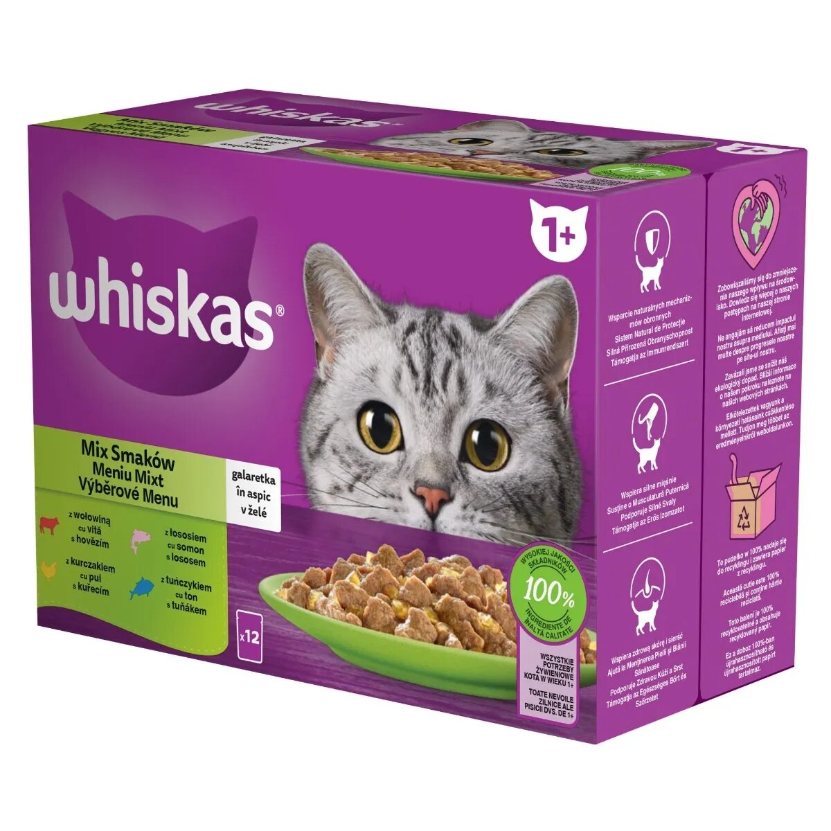 WHISKAS Selectii Mixte Vită Pui Somon și Ton hrană umedă pisici (în aspic) multipack Selectii Mixte Vită Pui Somon și Ton plic hrană umedă pisici (în aspic) multipack 85g x 12