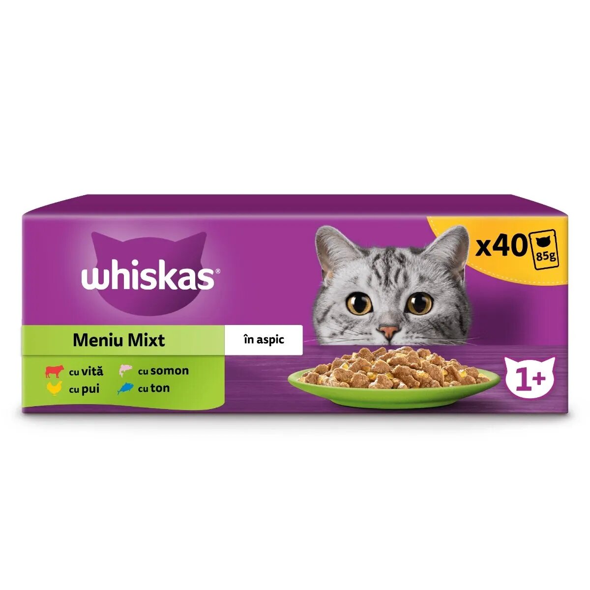 WHISKAS Selectii Mixte Vită Pui Somon și Ton hrană umedă pisici (în aspic) multipack Selectii Mixte Vită Pui Somon și Ton plic hrană umedă pisici (în aspic) multipack 85g x 40