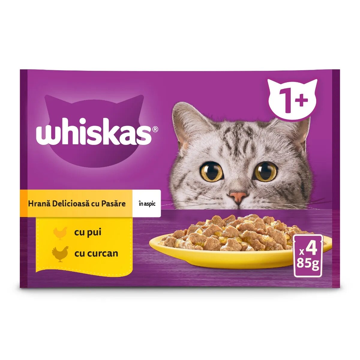 WHISKAS Selectii Pasăre Pui și Curcan plic hrană umedă pisici (în aspic) multipack 85g x 4