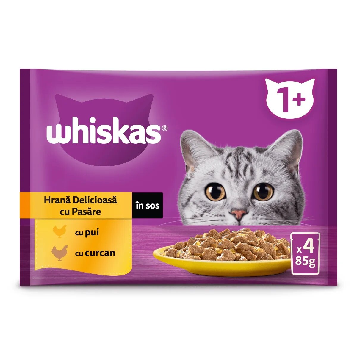 WHISKAS Selectii Pasăre Pui și Curcan plic hrană umedă pisici (în sos) multipack 85g x 4